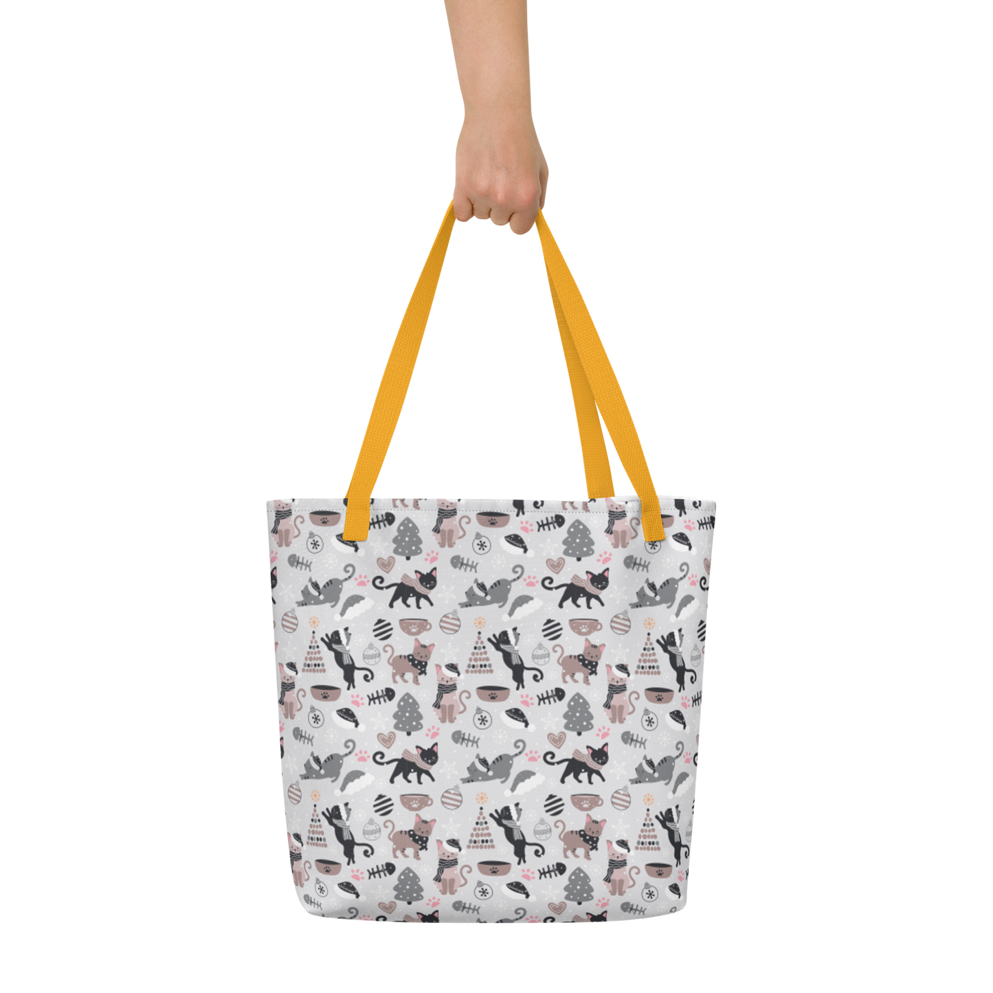 Winter Christmas Cat | Seamless Patterns | All-Over Print Large Tote Bag w/ Pocket - #1