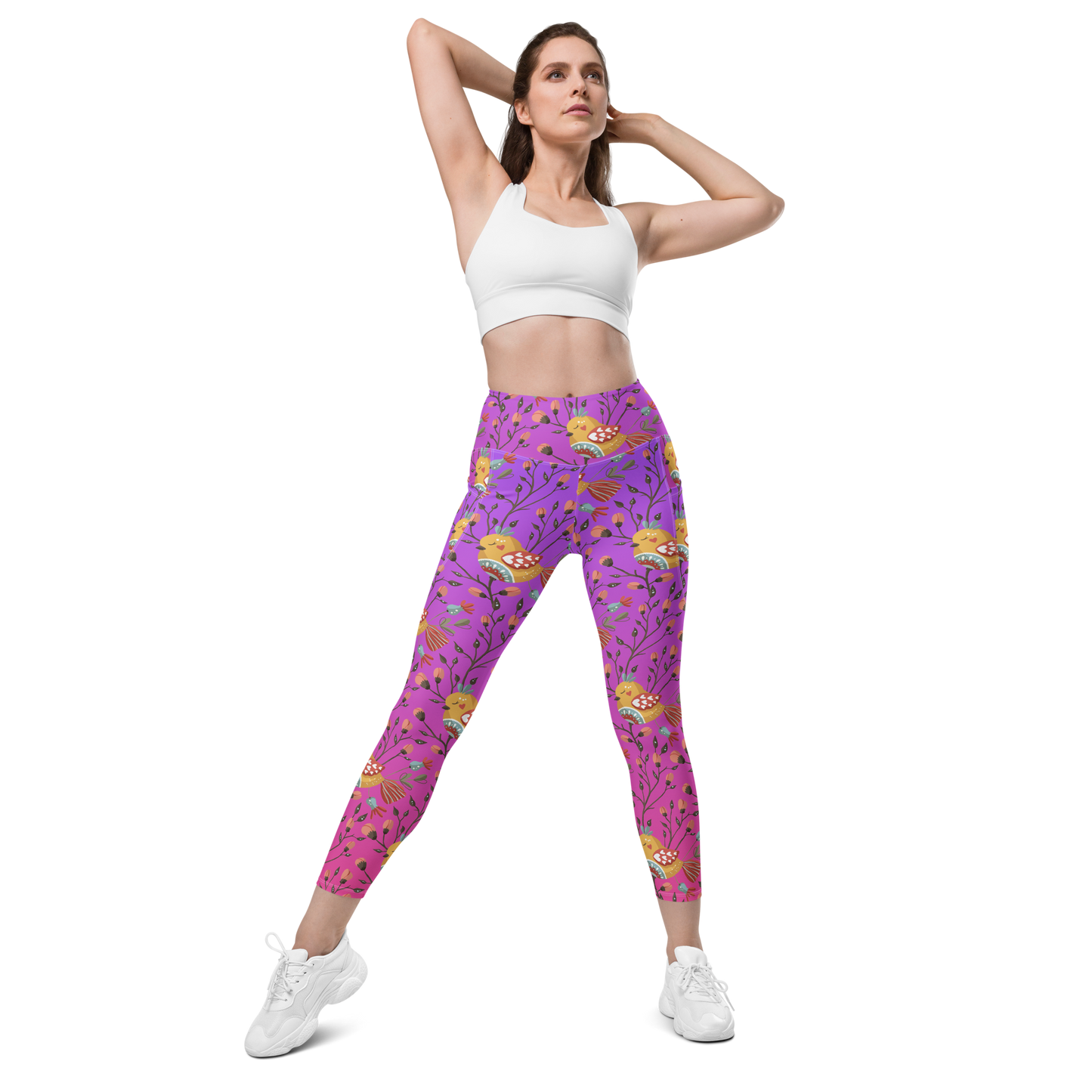 Pink & Purple | Boho Birds Pattern | Bohemian Style | All-Over Print Leggings with Pockets - #7