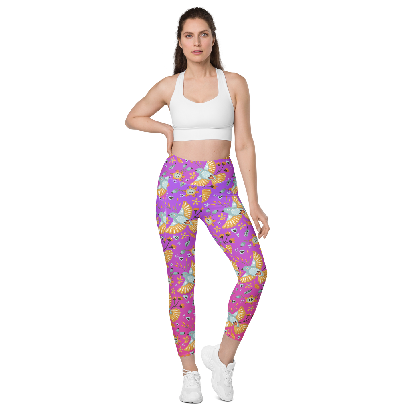 Pink & Purple | Boho Birds Pattern | Bohemian Style | All-Over Print Leggings with Pockets - #8