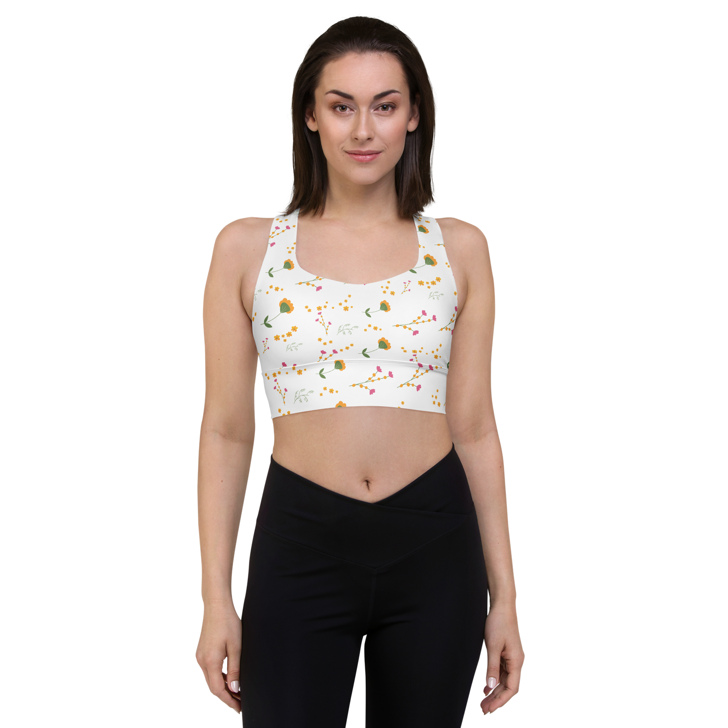 Pink & Yellow Flowers | Patterns | All-Over Print Longline Sports Bra - #3