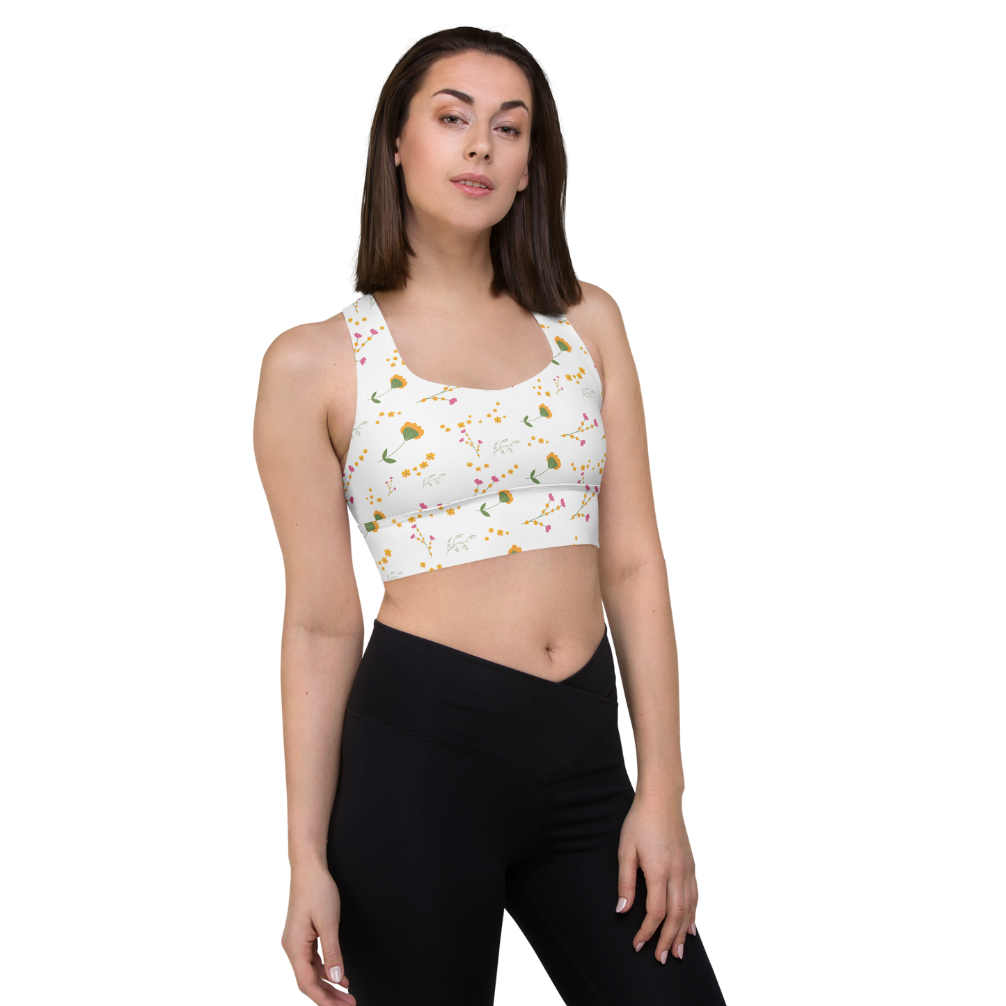 Pink & Yellow Flowers | Patterns | All-Over Print Longline Sports Bra - #3