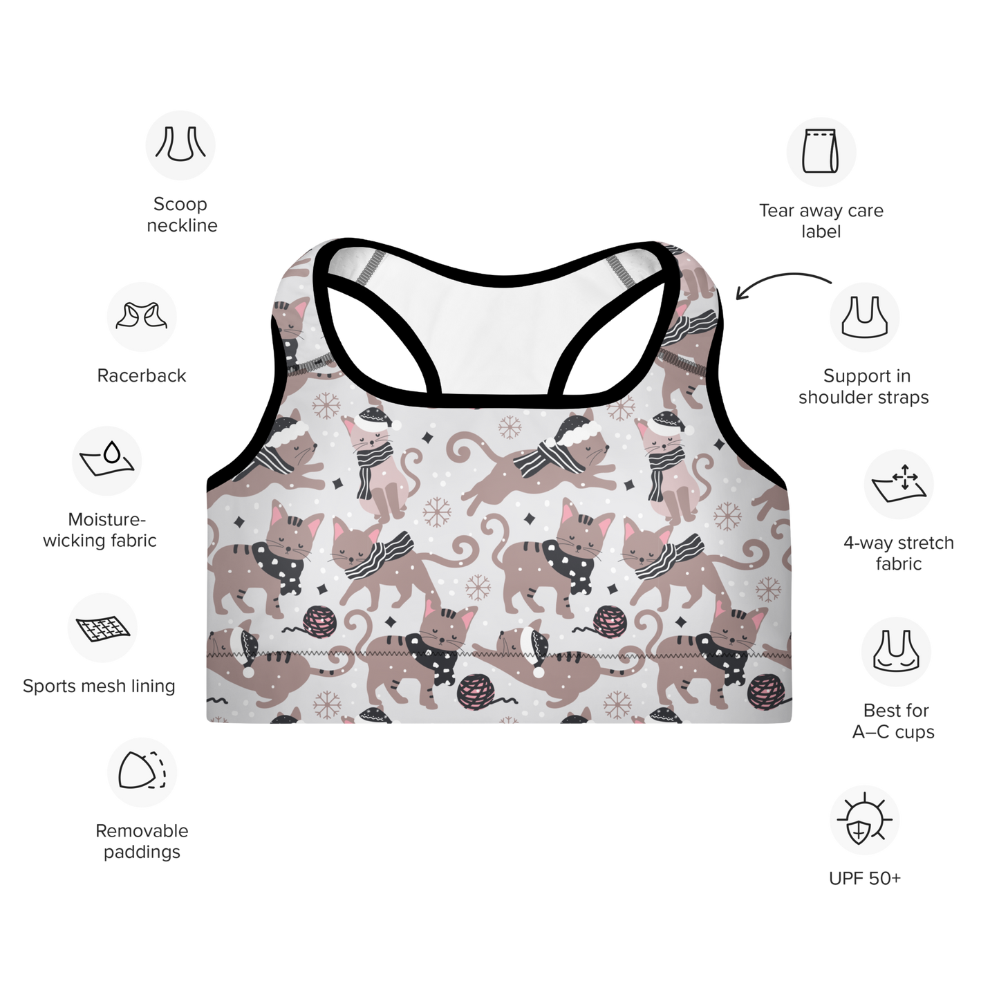 Winter Christmas Cat | Seamless Patterns | All-Over Print Padded Sports Bra - #1