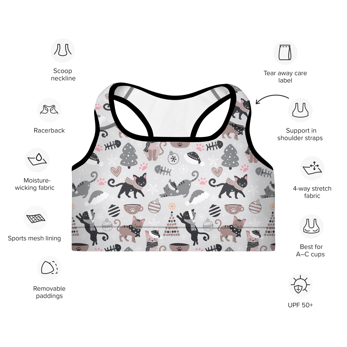 Winter Christmas Cat | Seamless Patterns | All-Over Print Padded Sports Bra - #6