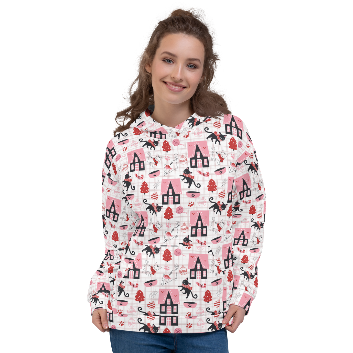 Winter Christmas Cat | Seamless Patterns | All-Over Print Unisex Hoodie - #5