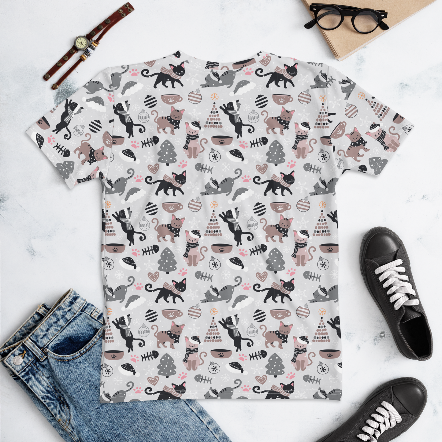 Winter Christmas Cat | Seamless Patterns | All-Over Print Women's Crew Neck T-Shirt - #6