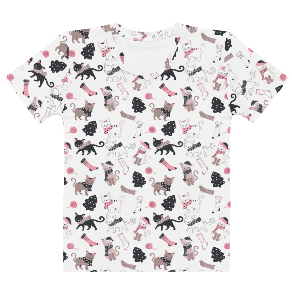 Winter Christmas Cat | Seamless Patterns | All-Over Print Women's Crew Neck T-Shirt - #3