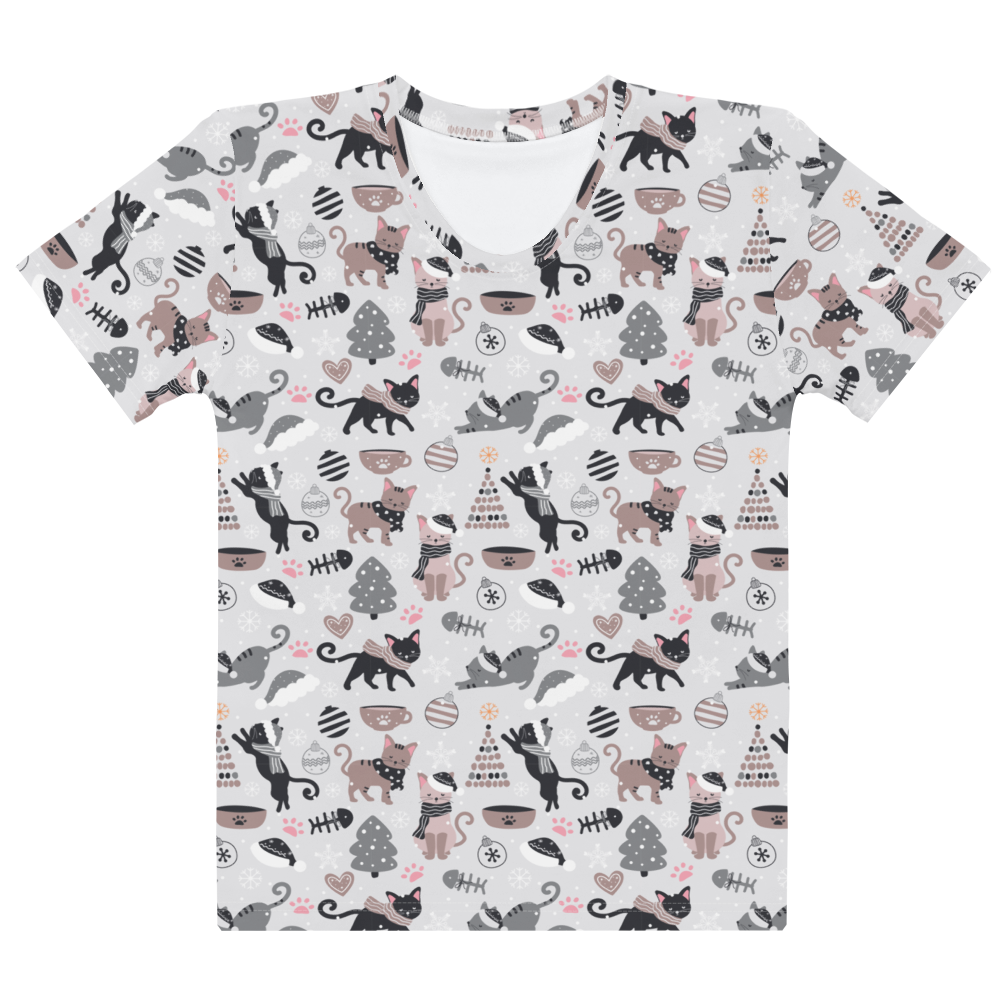 Winter Christmas Cat | Seamless Patterns | All-Over Print Women's Crew Neck T-Shirt - #6