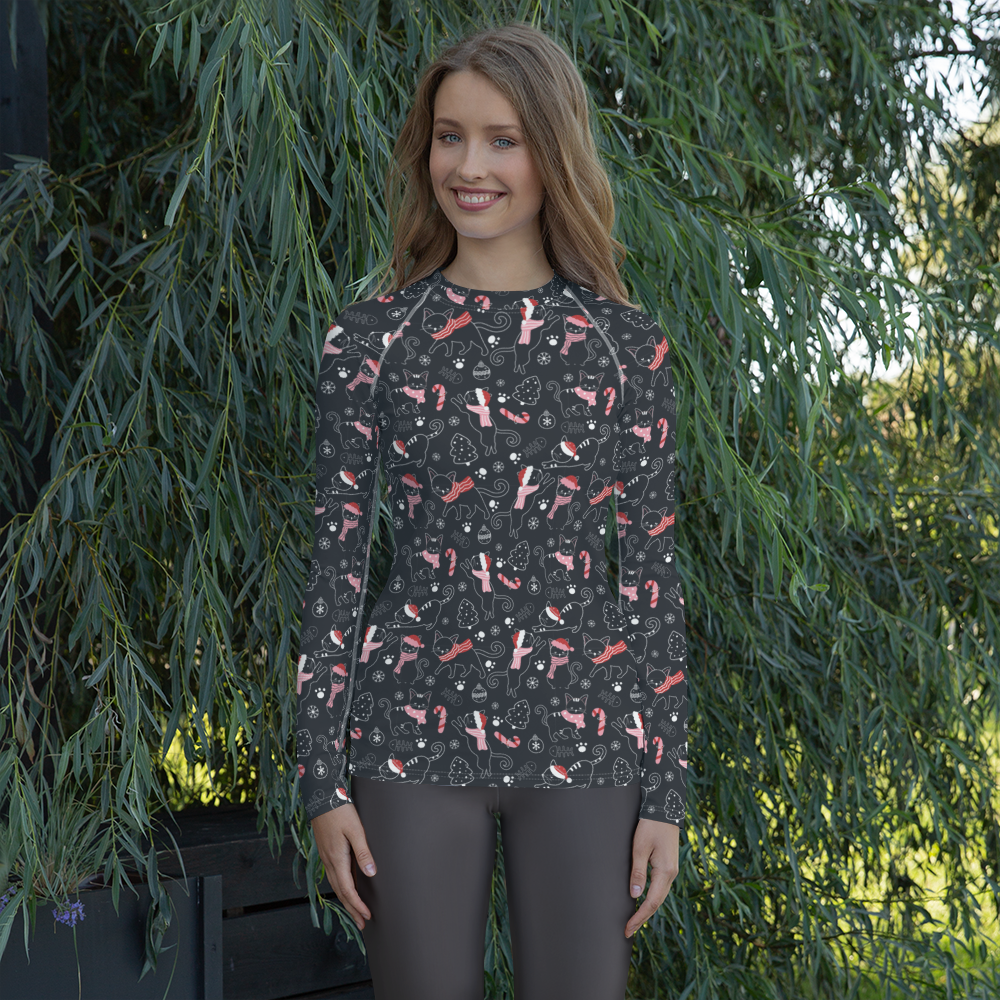 Winter Christmas Cat | Seamless Patterns | All-Over Print Women's Rash Guard - #4