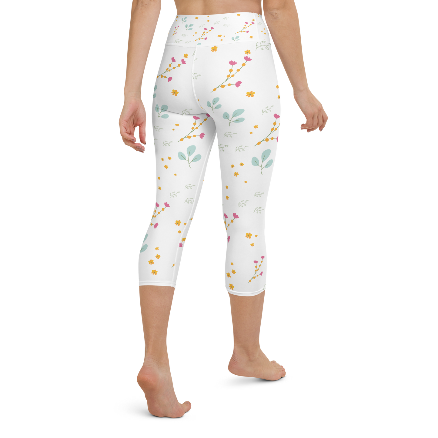 Pink & Yellow Flowers | Patterns | All-Over Print Yoga Capri Leggings - #4