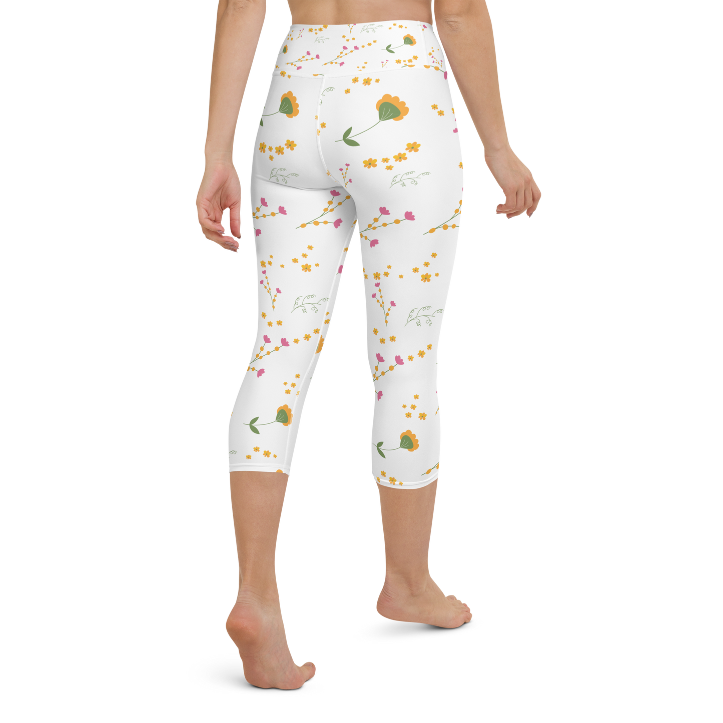 Pink & Yellow Flowers | Patterns | All-Over Print Yoga Capri Leggings - #7