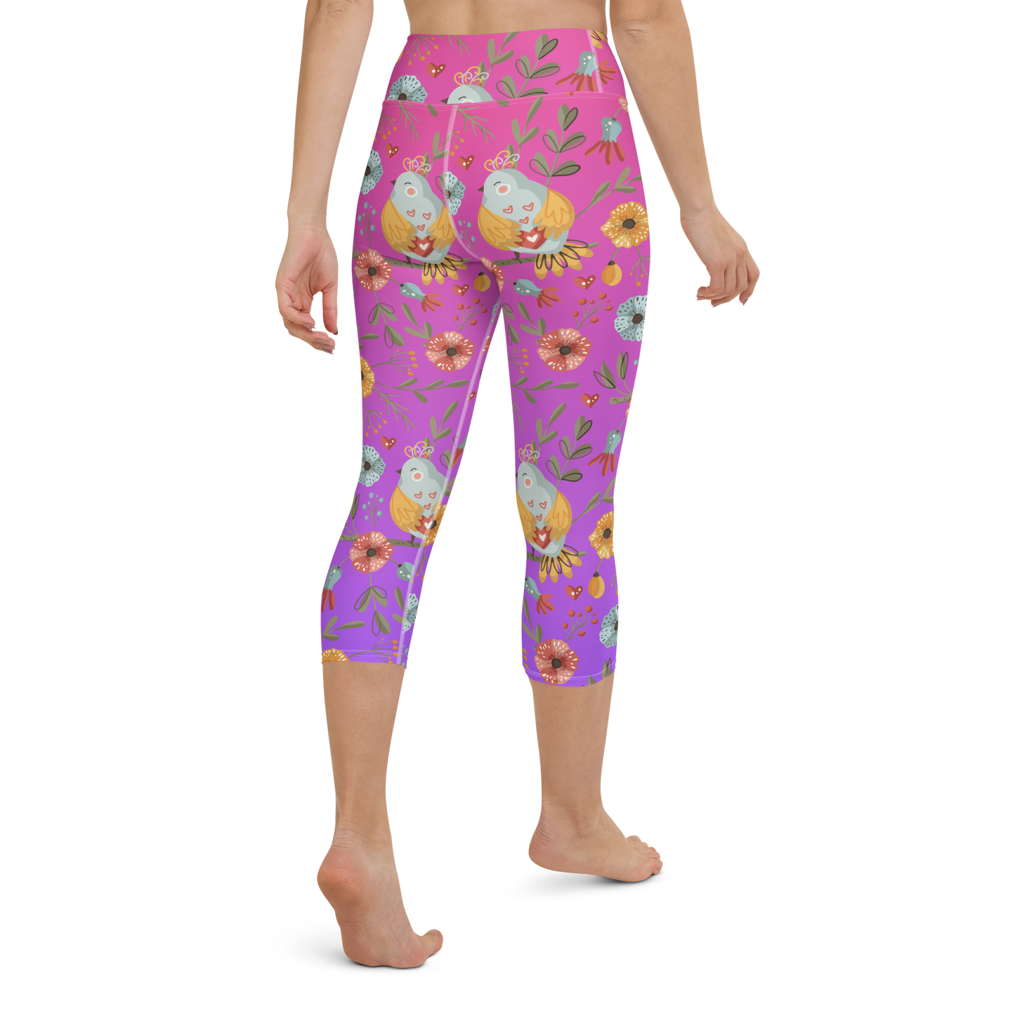 Pink & Purple | Boho Birds Pattern | Bohemian Style | All-Over Print Yoga Capri Leggings - #3