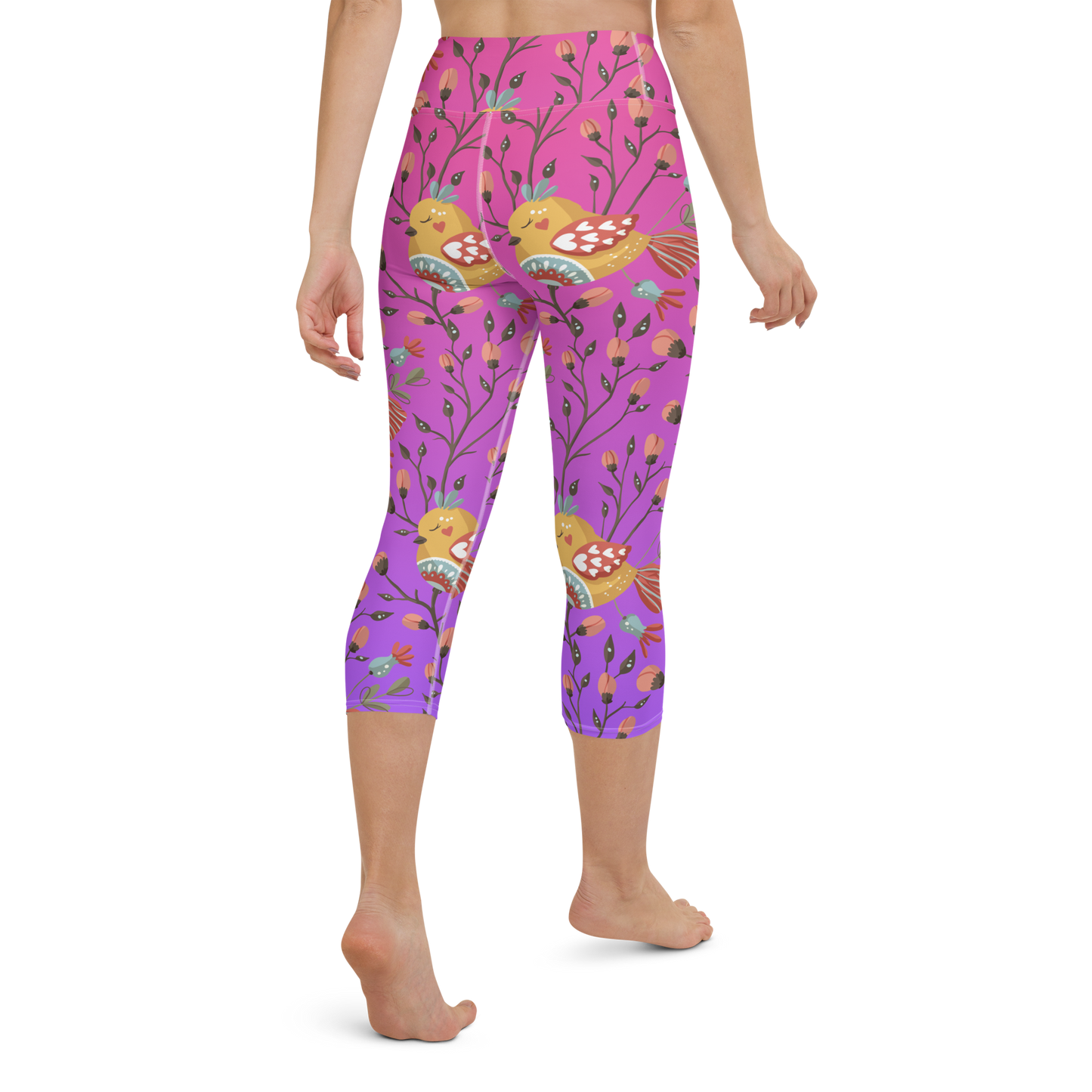 Pink & Purple | Boho Birds Pattern | Bohemian Style | All-Over Print Yoga Capri Leggings - #7