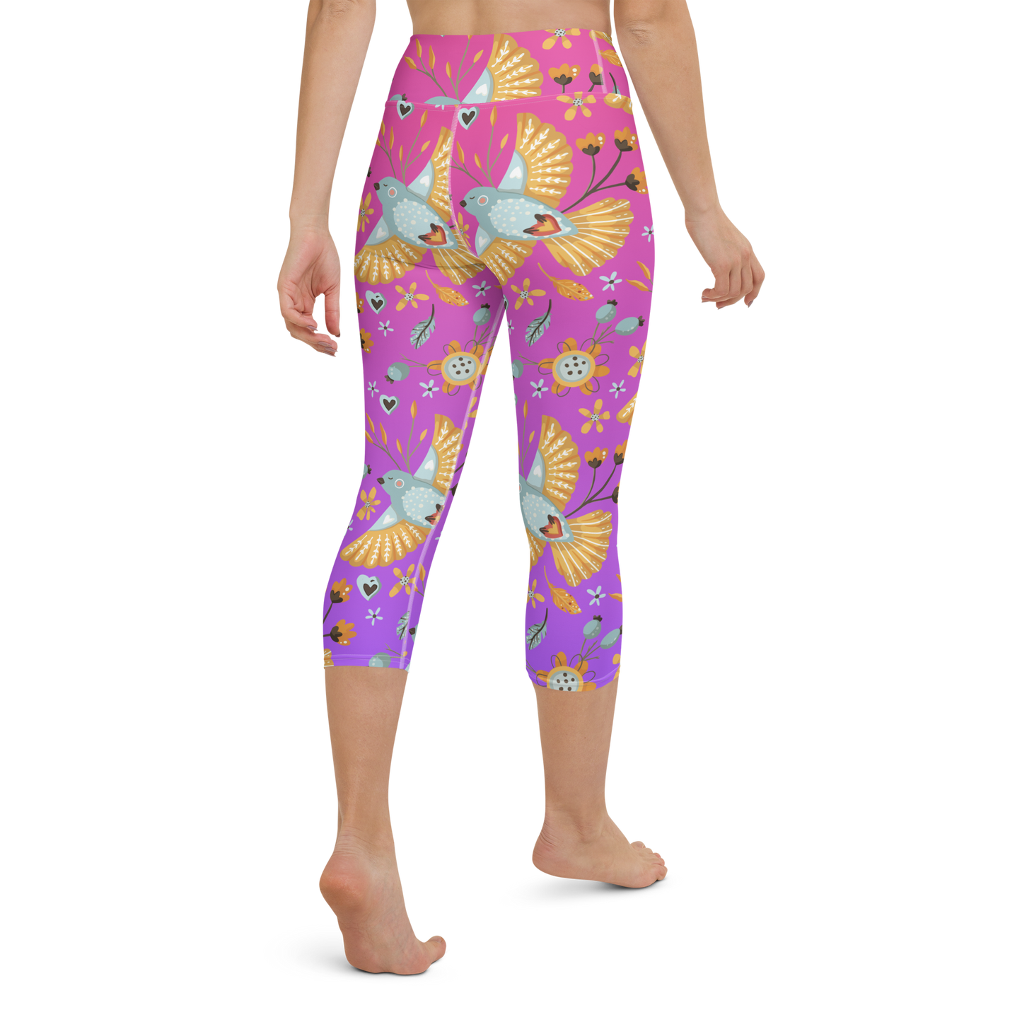 Pink & Purple | Boho Birds Pattern | Bohemian Style | All-Over Print Yoga Capri Leggings - #8