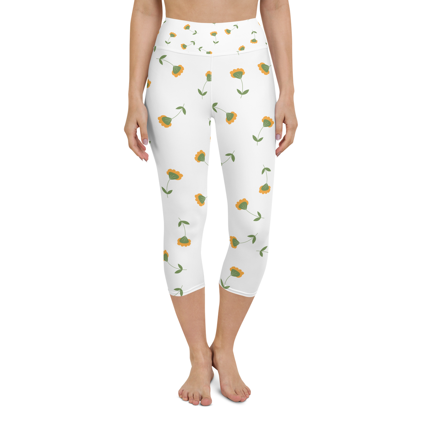 Pink & Yellow Flowers | Patterns | All-Over Print Yoga Capri Leggings - #1