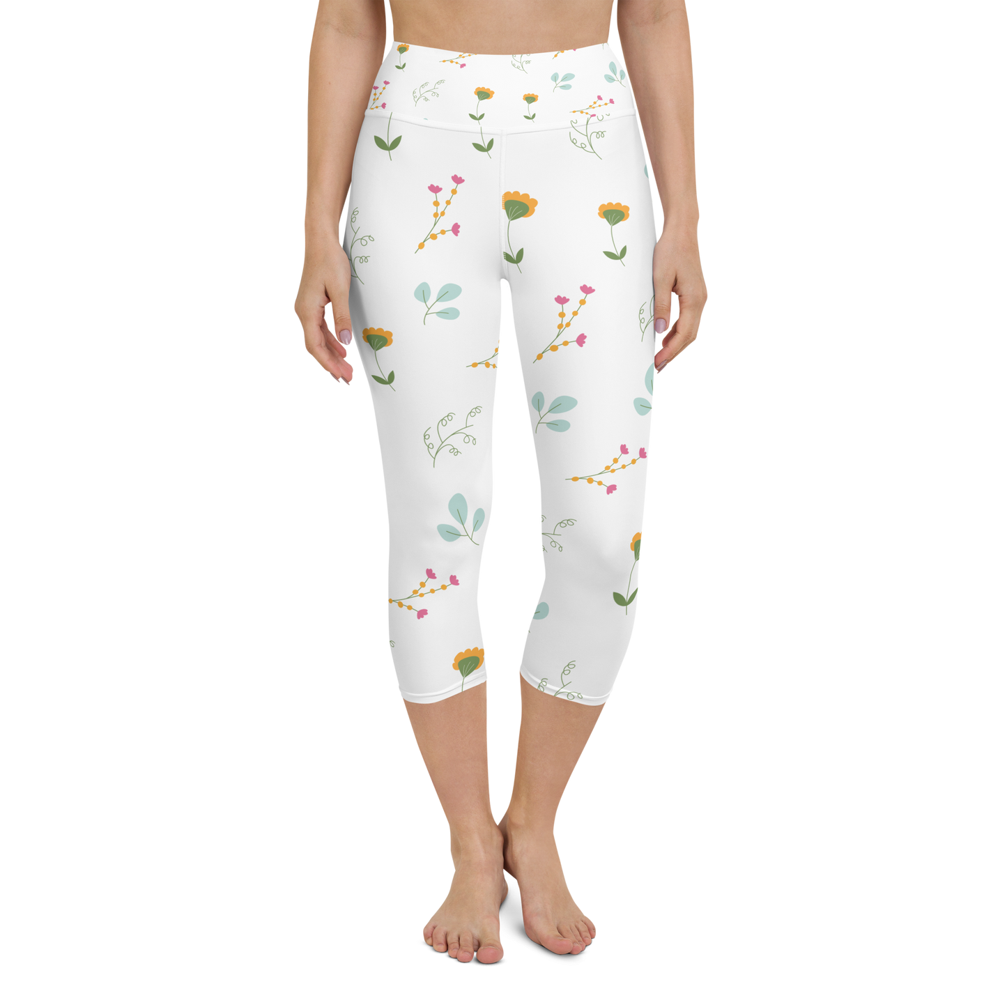 Pink & Yellow Flowers | Patterns | All-Over Print Yoga Capri Leggings - #2