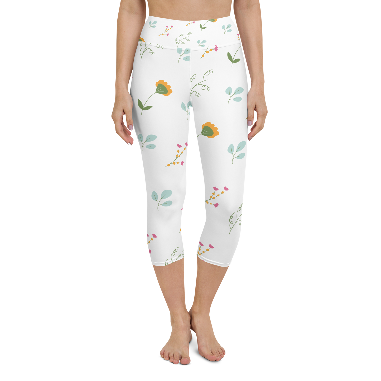 Pink & Yellow Flowers | Patterns | All-Over Print Yoga Capri Leggings - #3