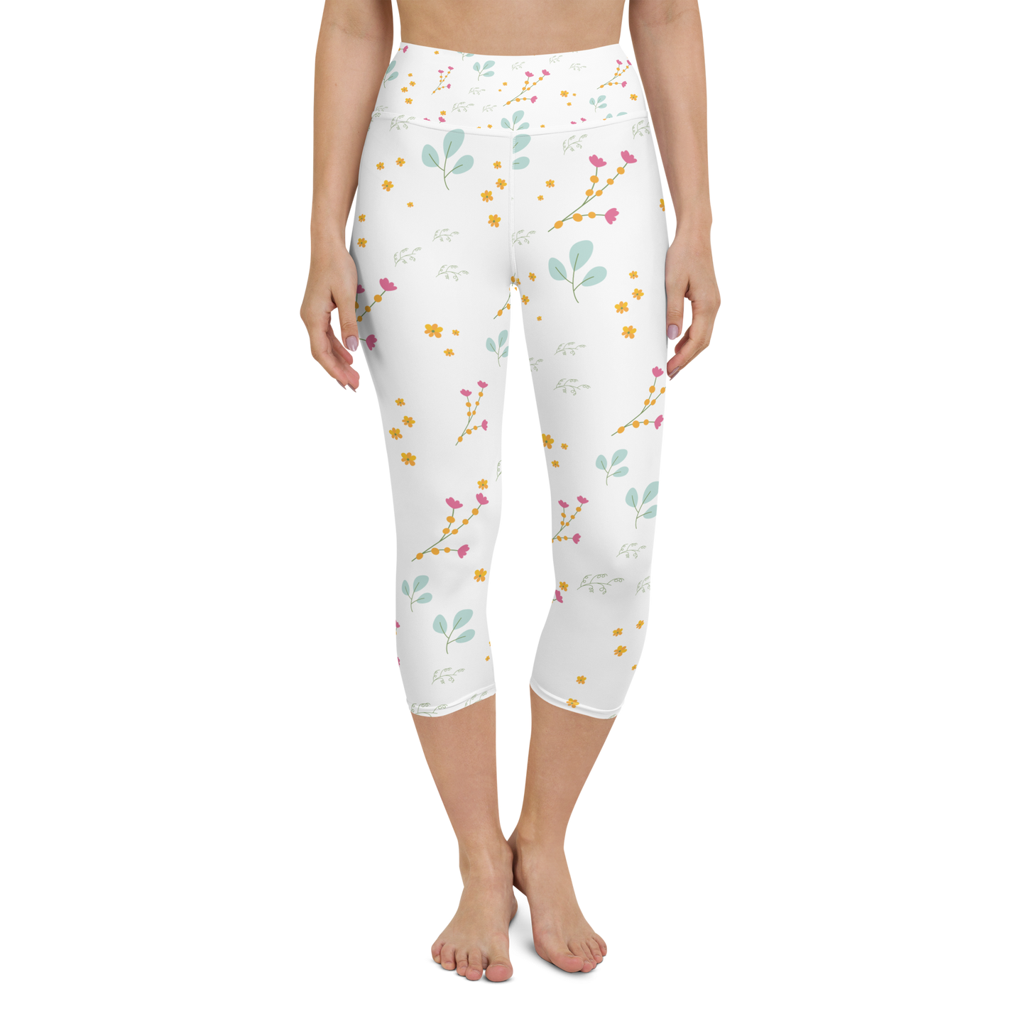 Pink & Yellow Flowers | Patterns | All-Over Print Yoga Capri Leggings - #4