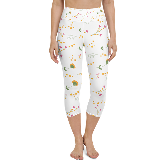 Pink & Yellow Flowers | Patterns | All-Over Print Yoga Capri Leggings - #7