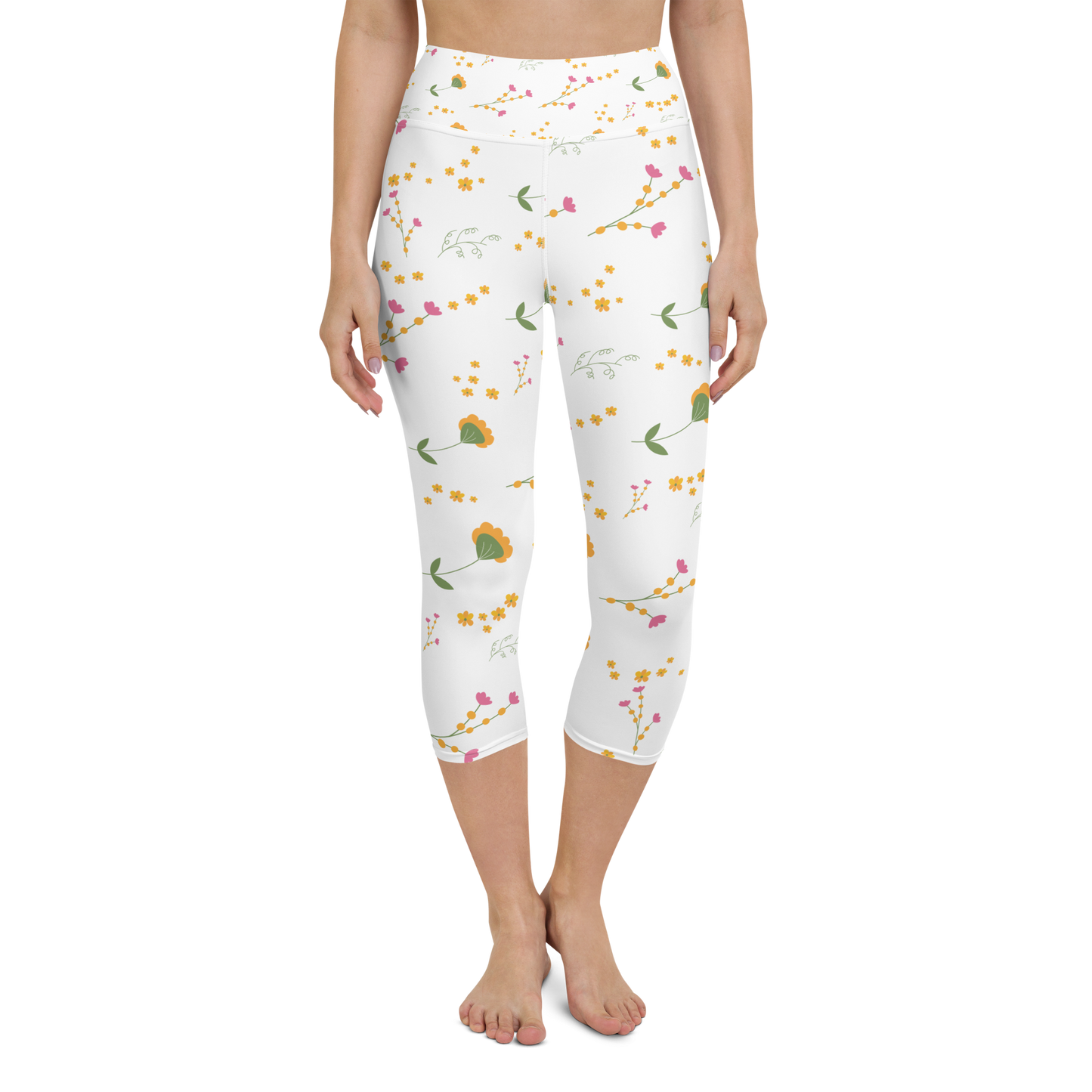 Pink & Yellow Flowers | Patterns | All-Over Print Yoga Capri Leggings - #7