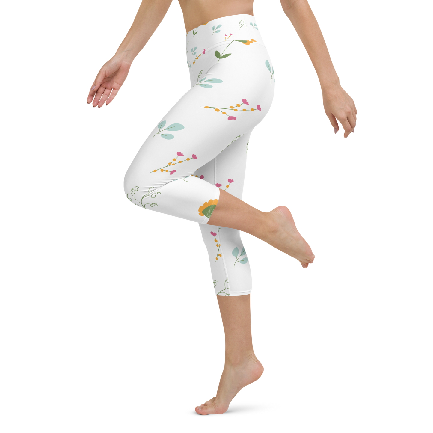 Pink & Yellow Flowers | Patterns | All-Over Print Yoga Capri Leggings - #3