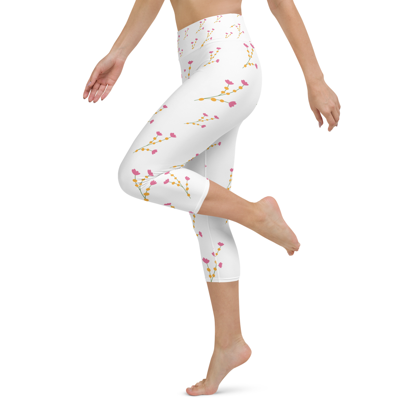 Pink & Yellow Flowers | Patterns | All-Over Print Yoga Capri Leggings - #6