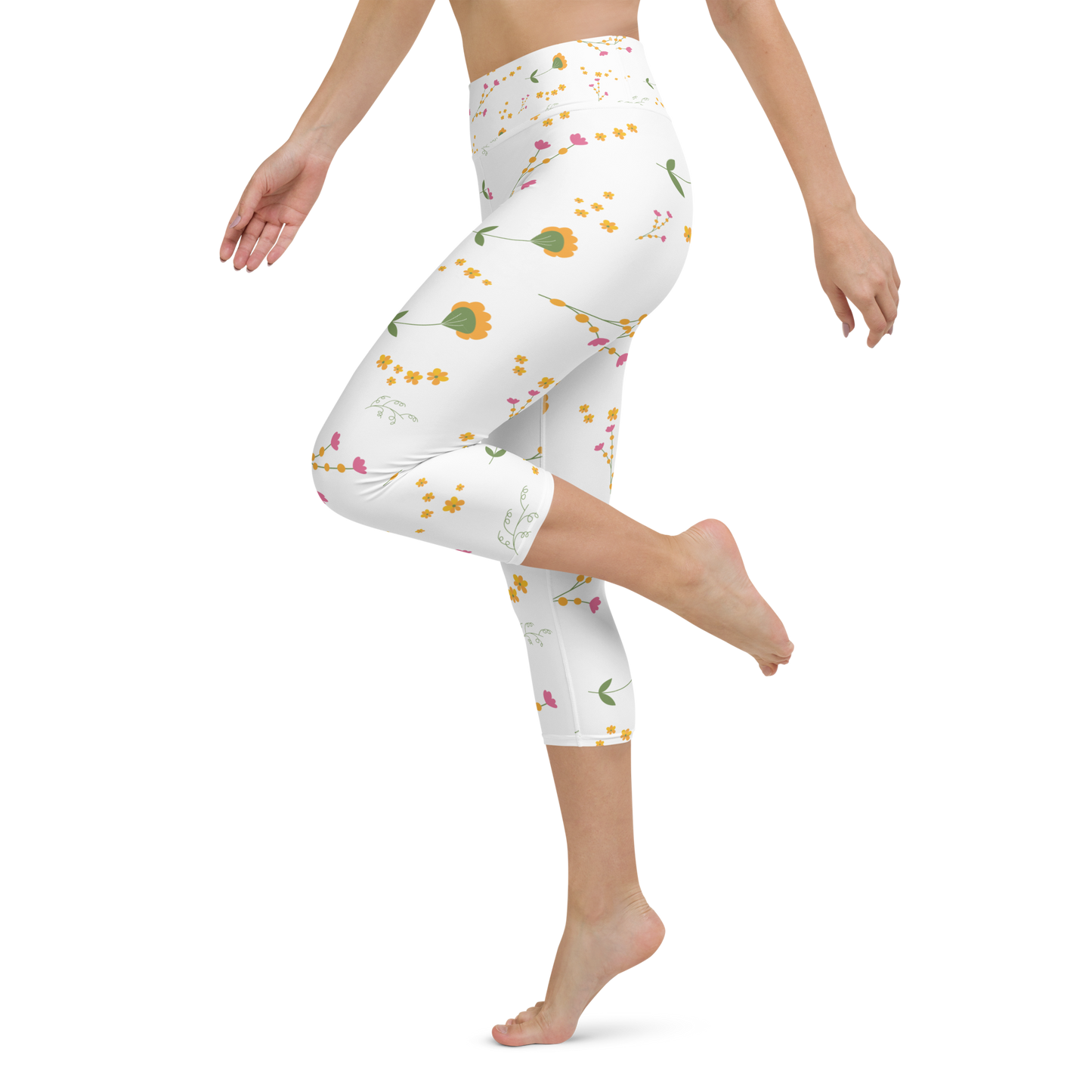 Pink & Yellow Flowers | Patterns | All-Over Print Yoga Capri Leggings - #7