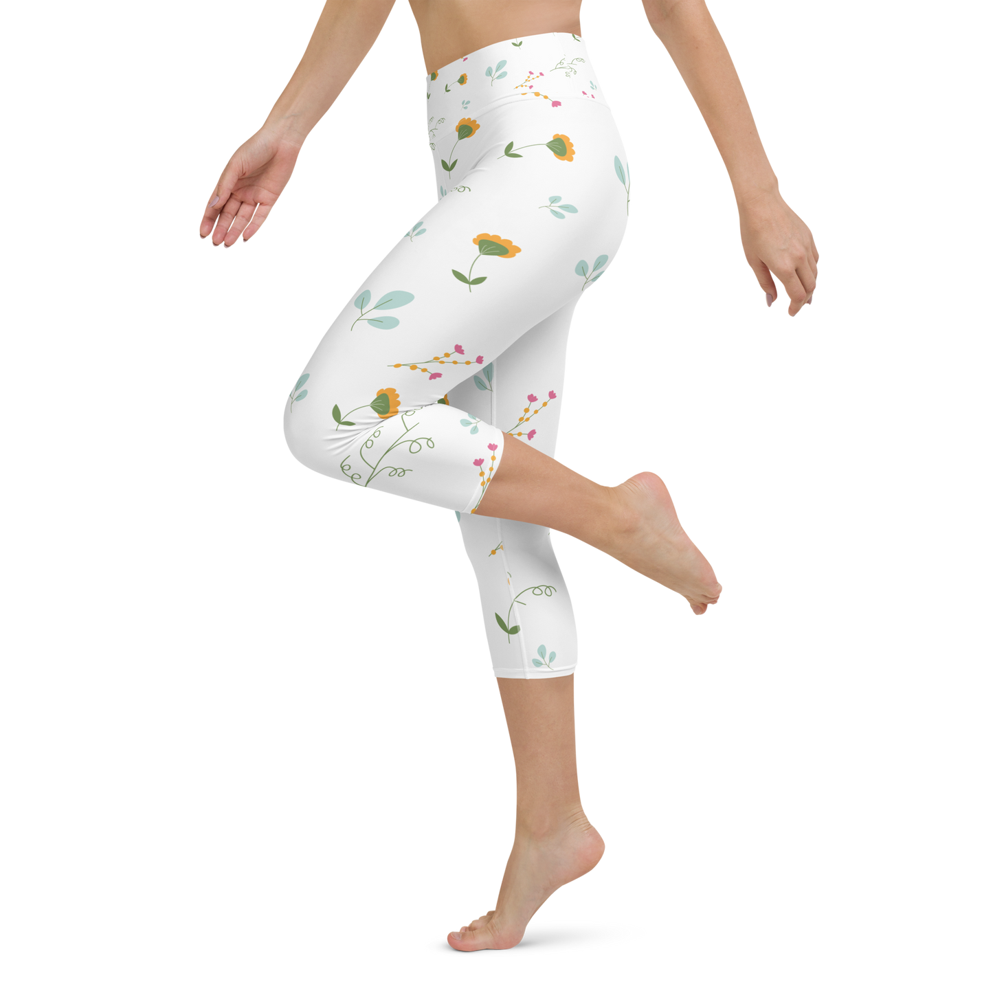 Pink & Yellow Flowers | Patterns | All-Over Print Yoga Capri Leggings - #8