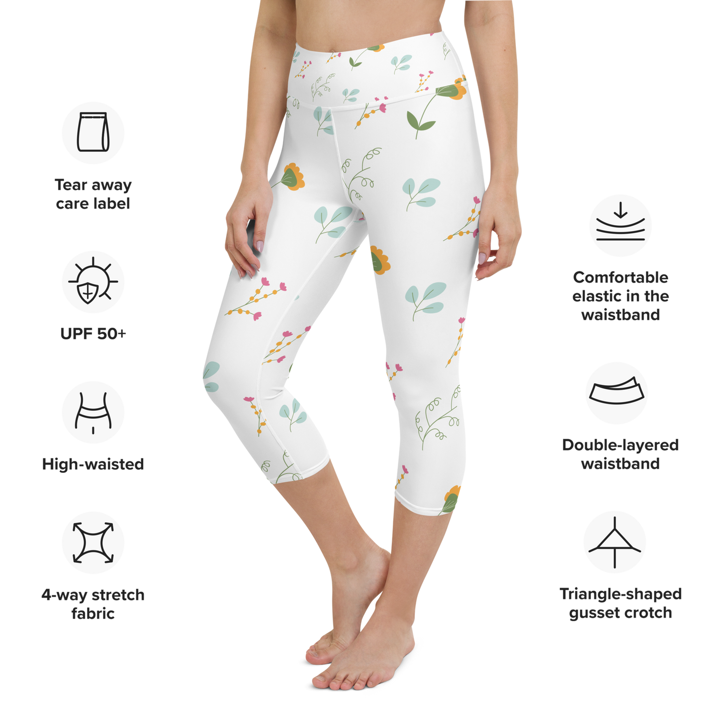 Pink & Yellow Flowers | Patterns | All-Over Print Yoga Capri Leggings - #3