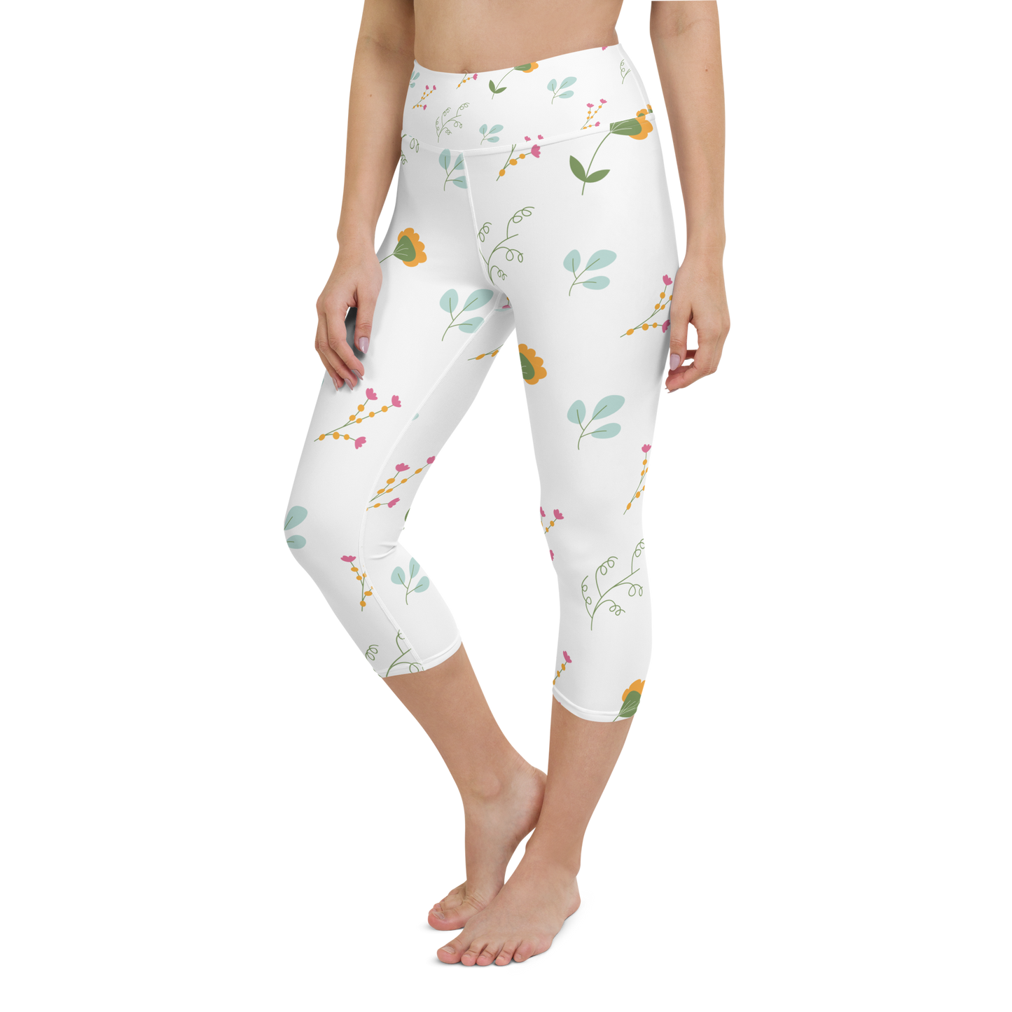 Pink & Yellow Flowers | Patterns | All-Over Print Yoga Capri Leggings - #3