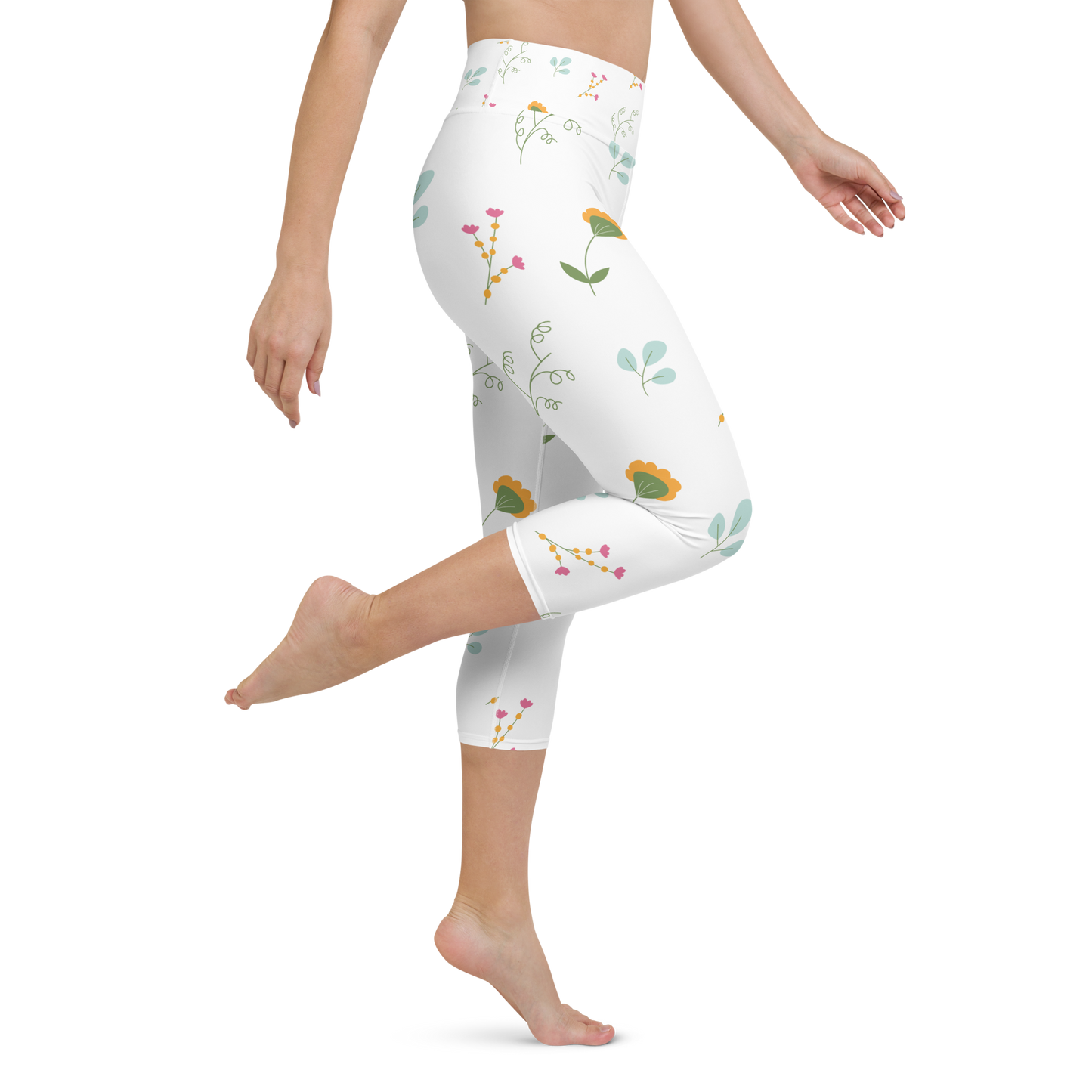 Pink & Yellow Flowers | Patterns | All-Over Print Yoga Capri Leggings - #3