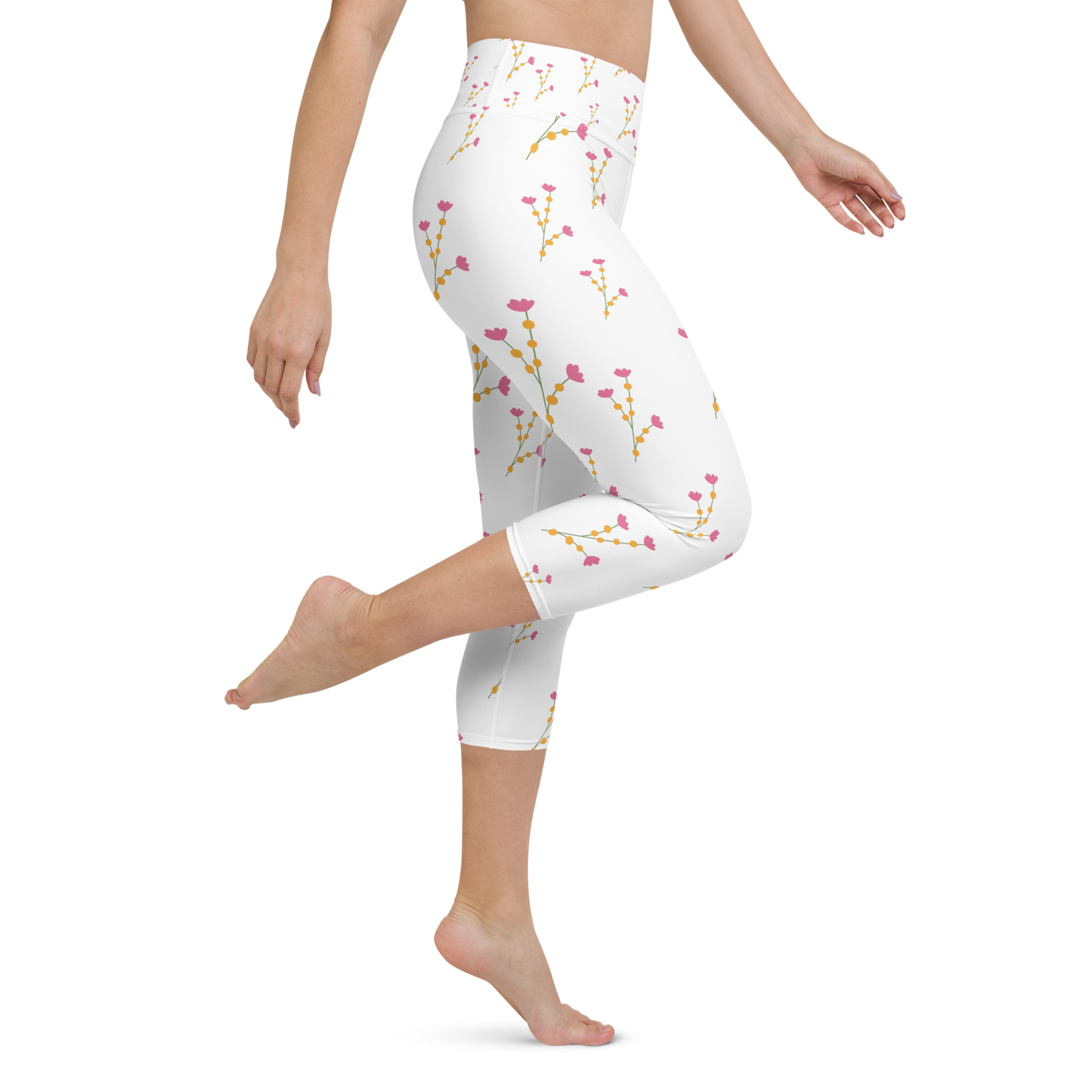 Pink & Yellow Flowers | Patterns | All-Over Print Yoga Capri Leggings - #6