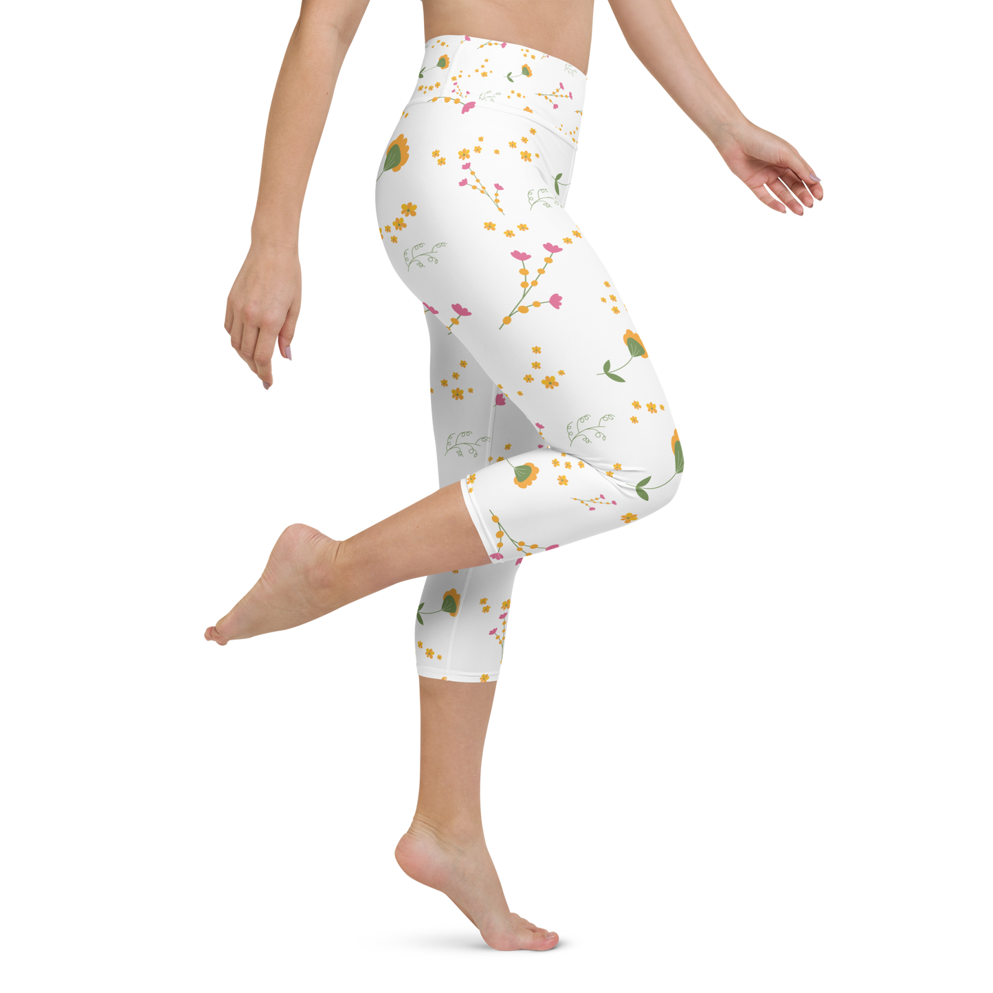 Pink & Yellow Flowers | Patterns | All-Over Print Yoga Capri Leggings - #7