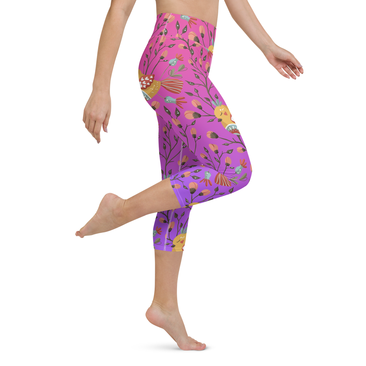 Pink & Purple | Boho Birds Pattern | Bohemian Style | All-Over Print Yoga Capri Leggings - #7