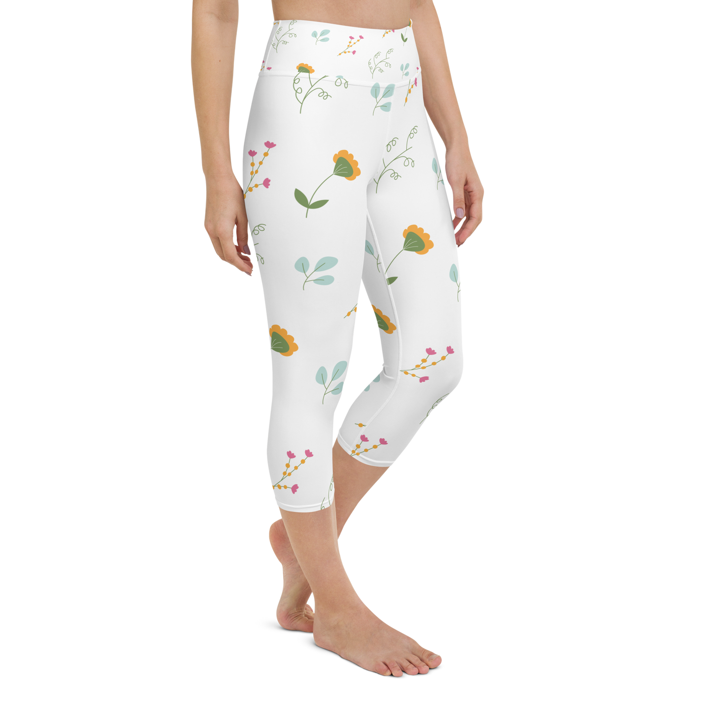 Pink & Yellow Flowers | Patterns | All-Over Print Yoga Capri Leggings - #3