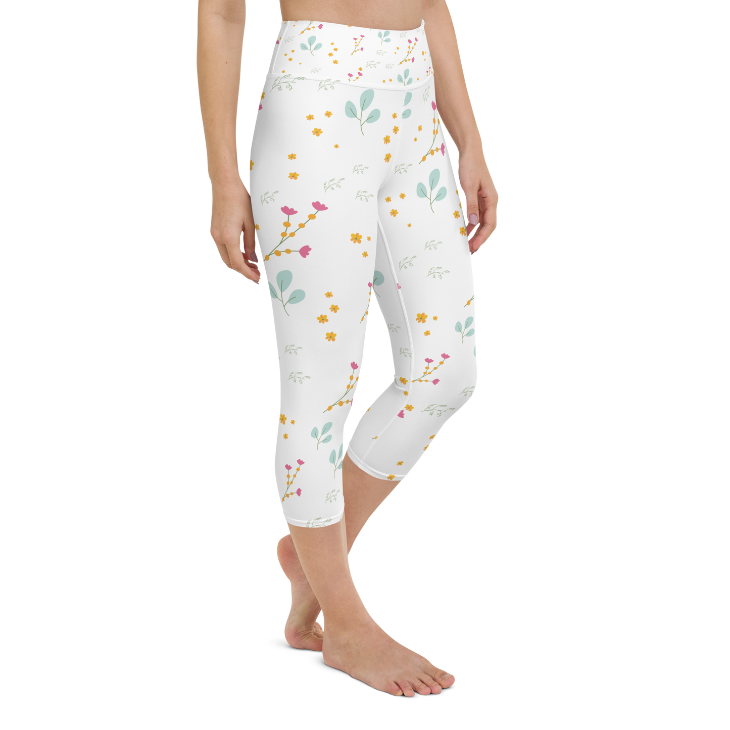 Pink & Yellow Flowers | Patterns | All-Over Print Yoga Capri Leggings - #4