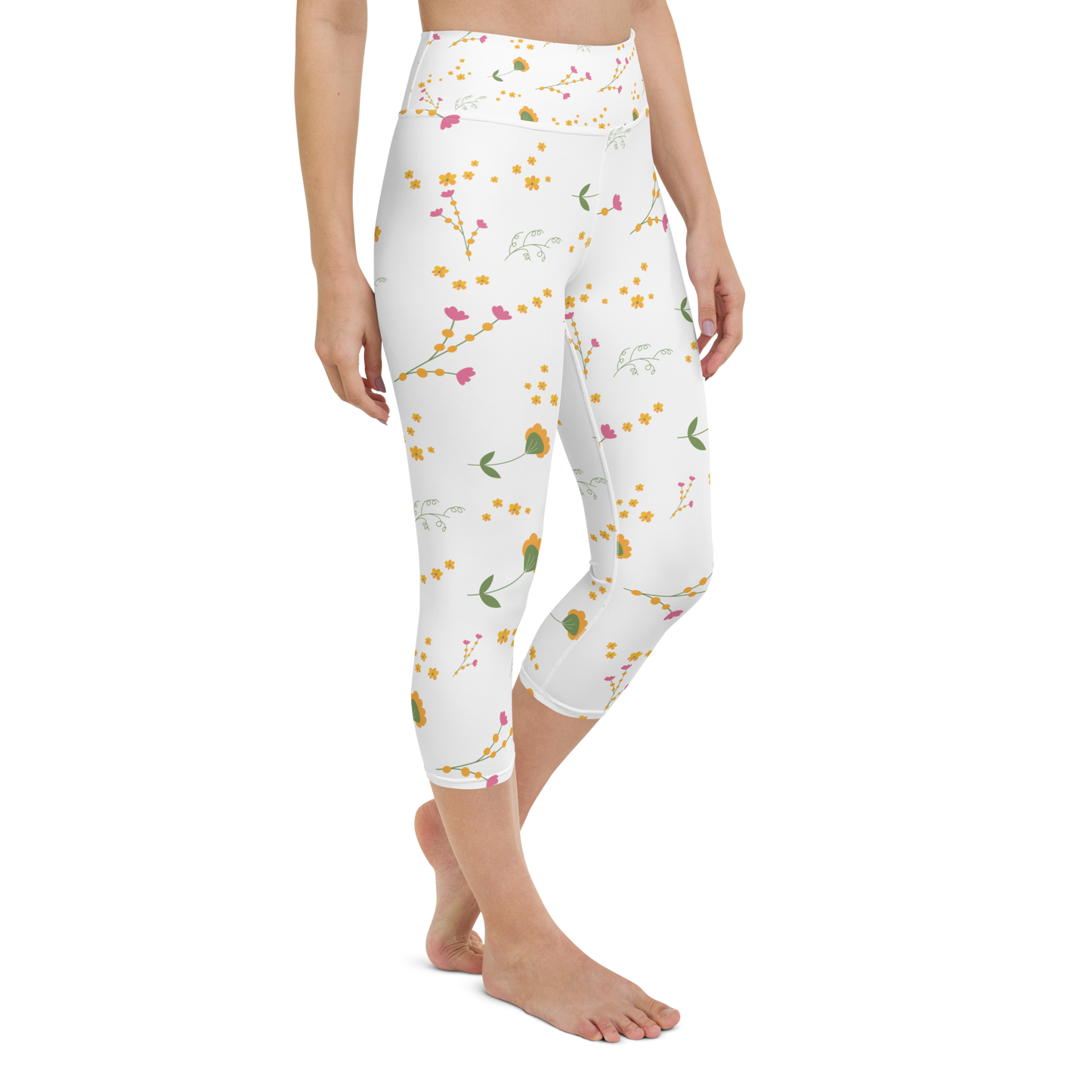 Pink & Yellow Flowers | Patterns | All-Over Print Yoga Capri Leggings - #7