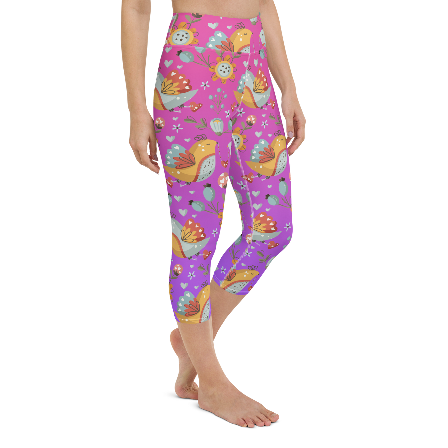 Pink & Purple | Boho Birds Pattern | Bohemian Style | All-Over Print Yoga Capri Leggings - #2