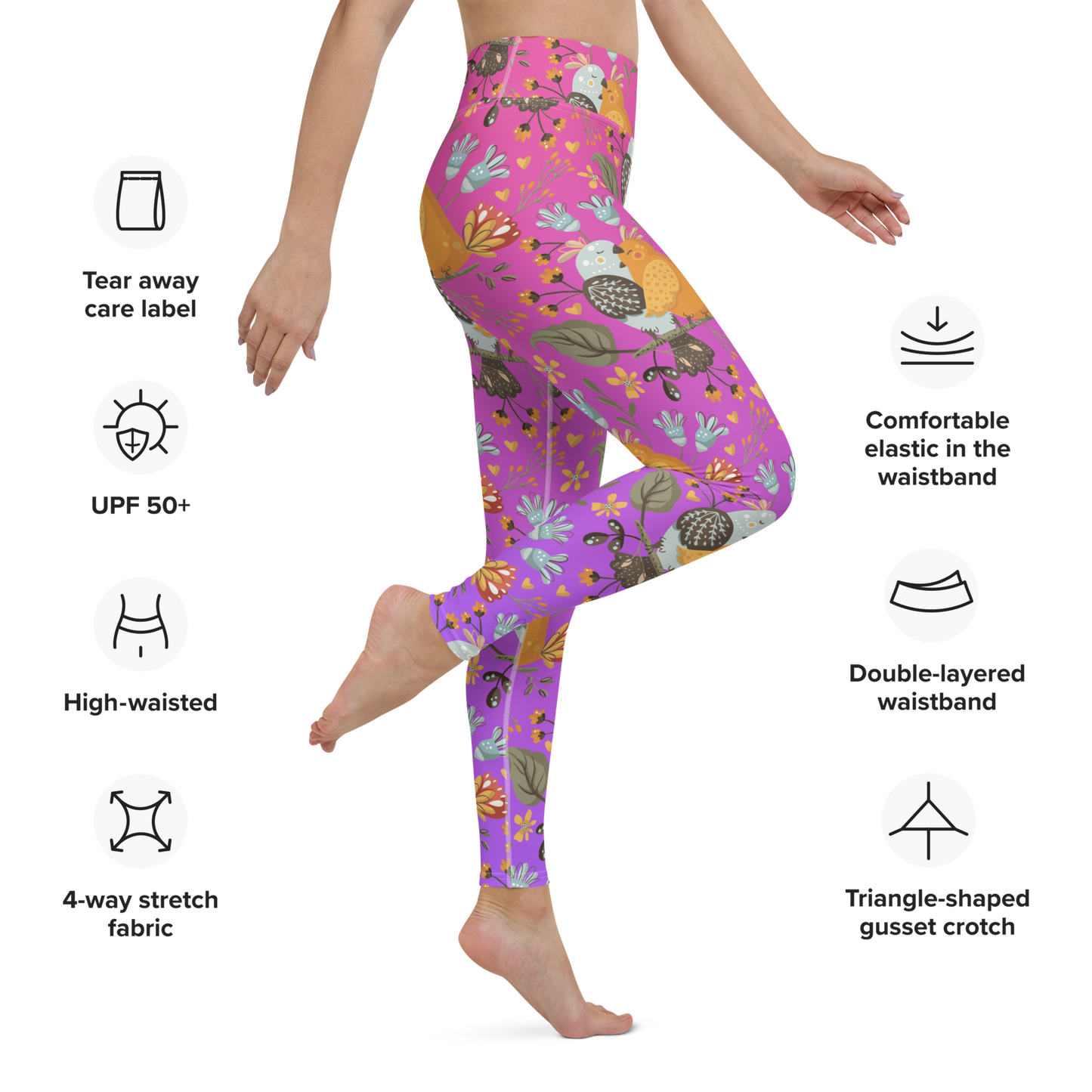 Pink & Purple | Boho Birds Pattern | Bohemian Style | All-Over Print Yoga Leggings - #5