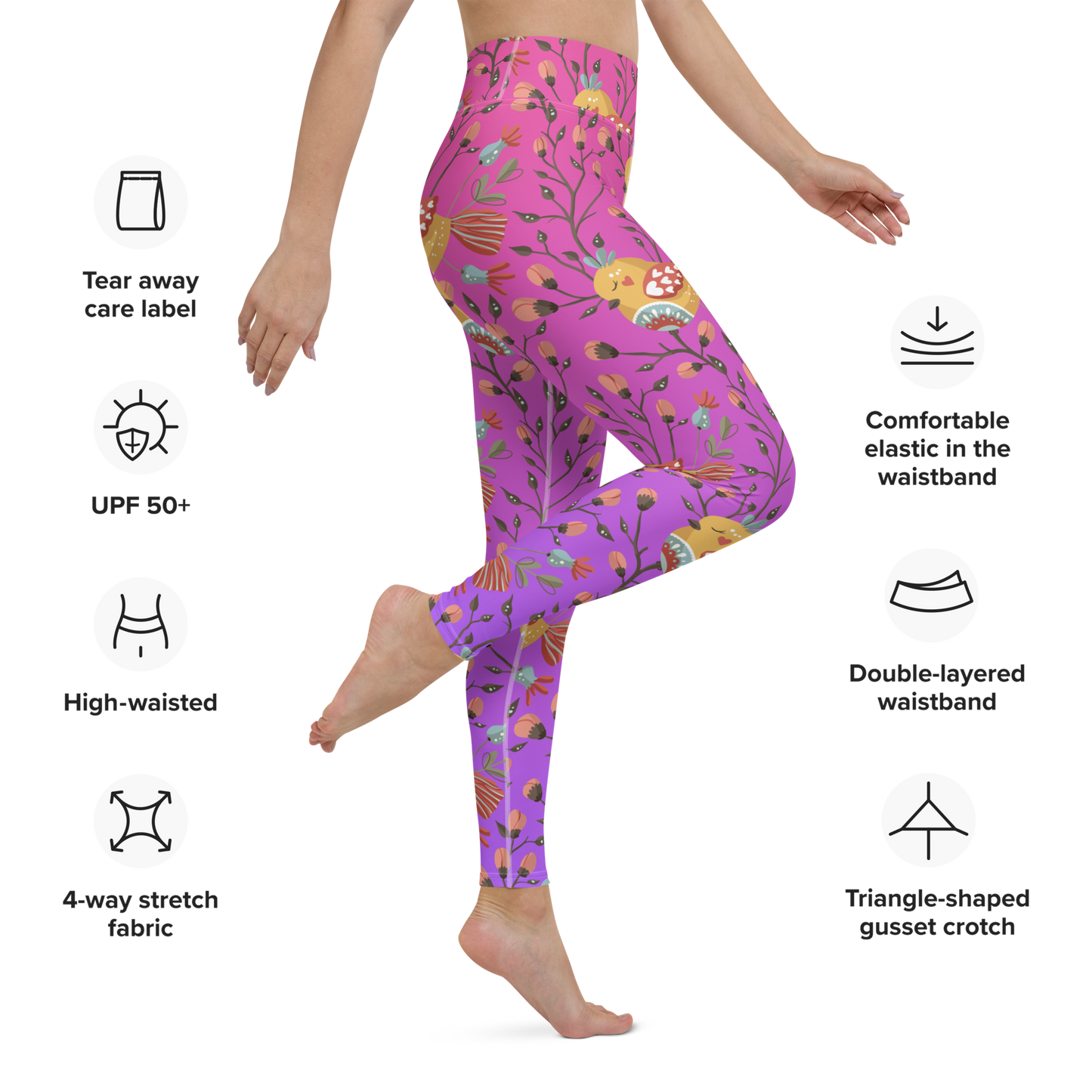 Pink & Purple | Boho Birds Pattern | Bohemian Style | All-Over Print Yoga Leggings - #7