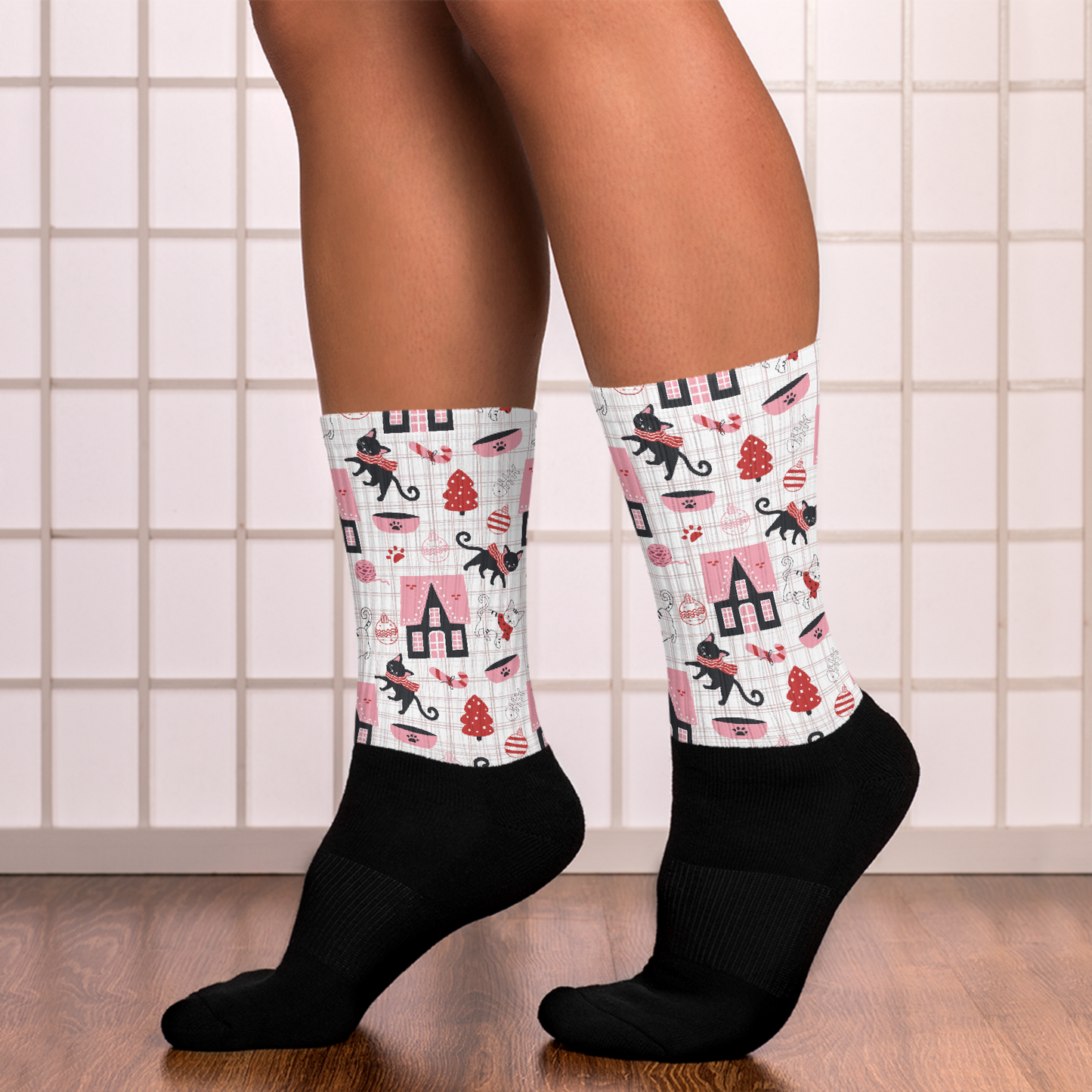 Winter Christmas Cat | Seamless Patterns | Black Foot Sublimated Socks - #5