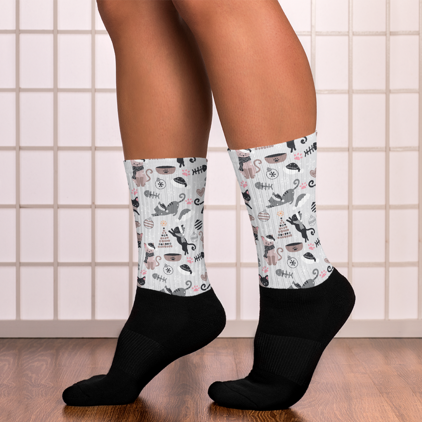 Winter Christmas Cat | Seamless Patterns | Black Foot Sublimated Socks - #6