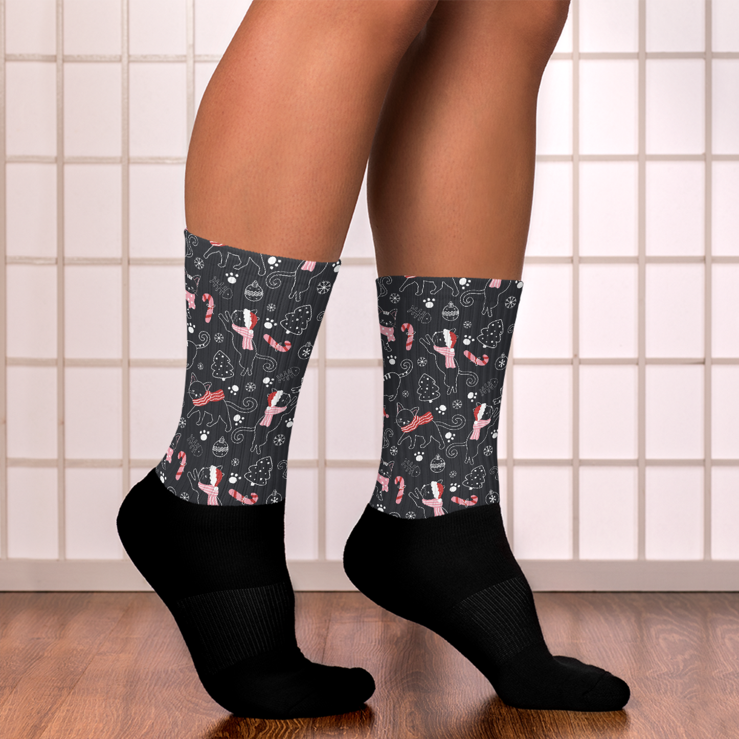 Winter Christmas Cat | Seamless Patterns | Black Foot Sublimated Socks - #4