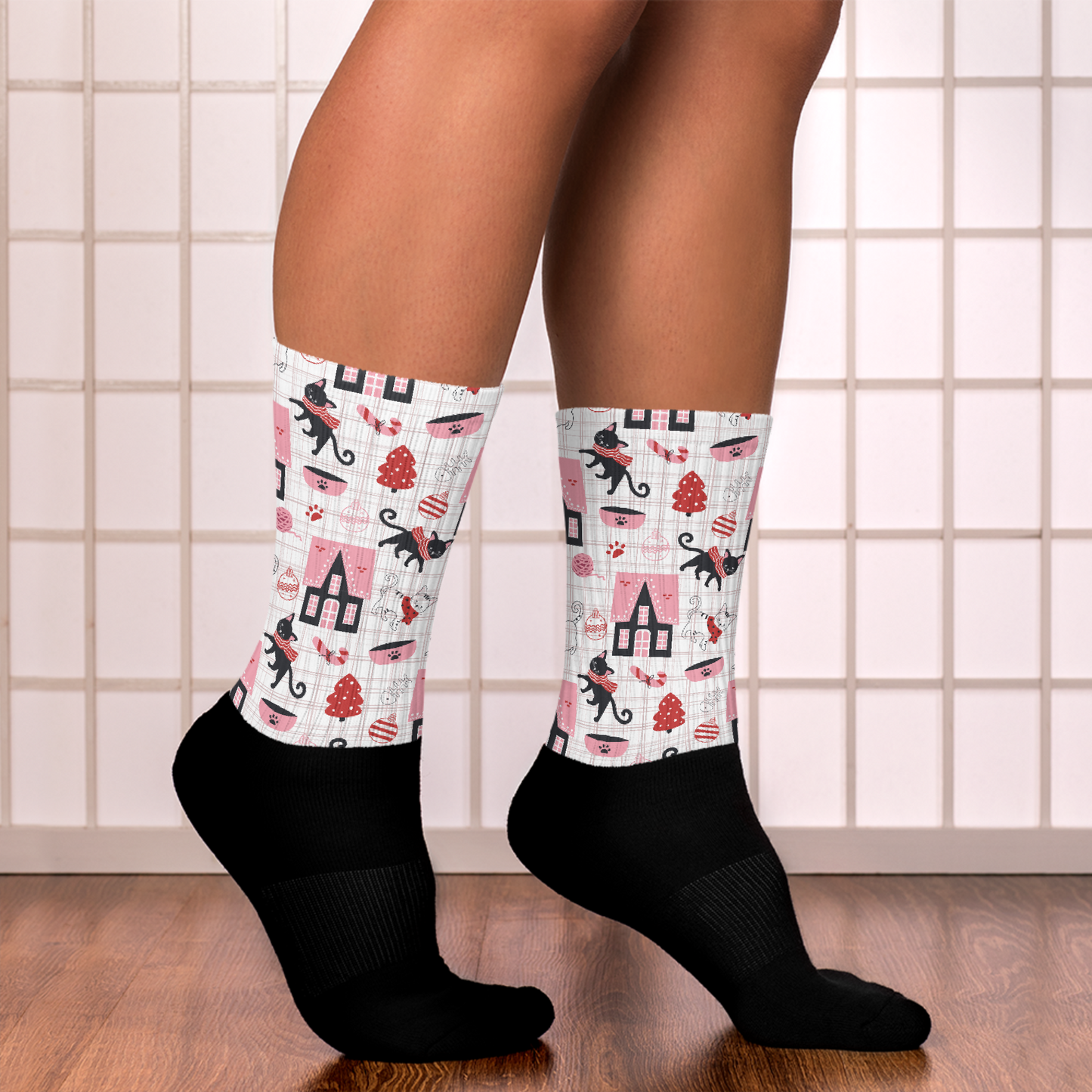 Winter Christmas Cat | Seamless Patterns | Black Foot Sublimated Socks - #5