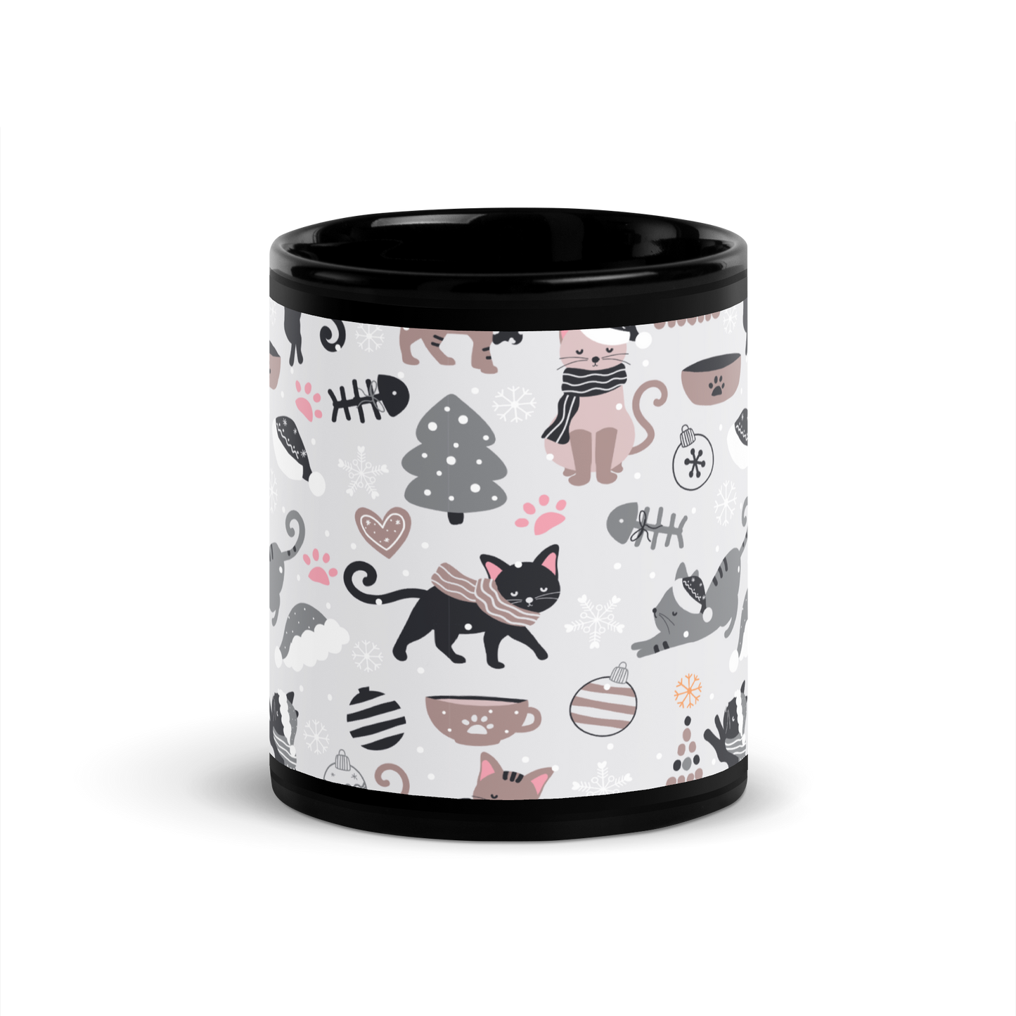 Winter Christmas Cat | Seamless Patterns | Black Glossy Mug - #6