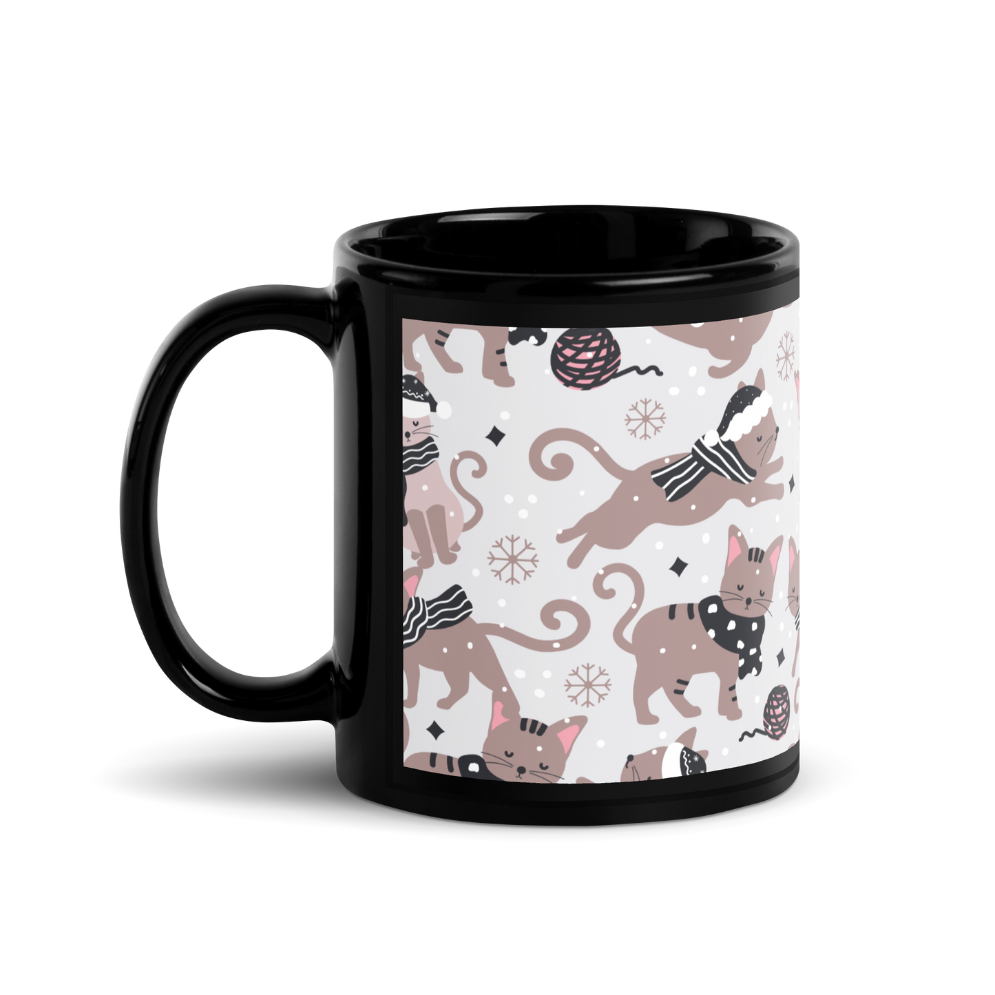 Winter Christmas Cat | Seamless Patterns | Black Glossy Mug - #1