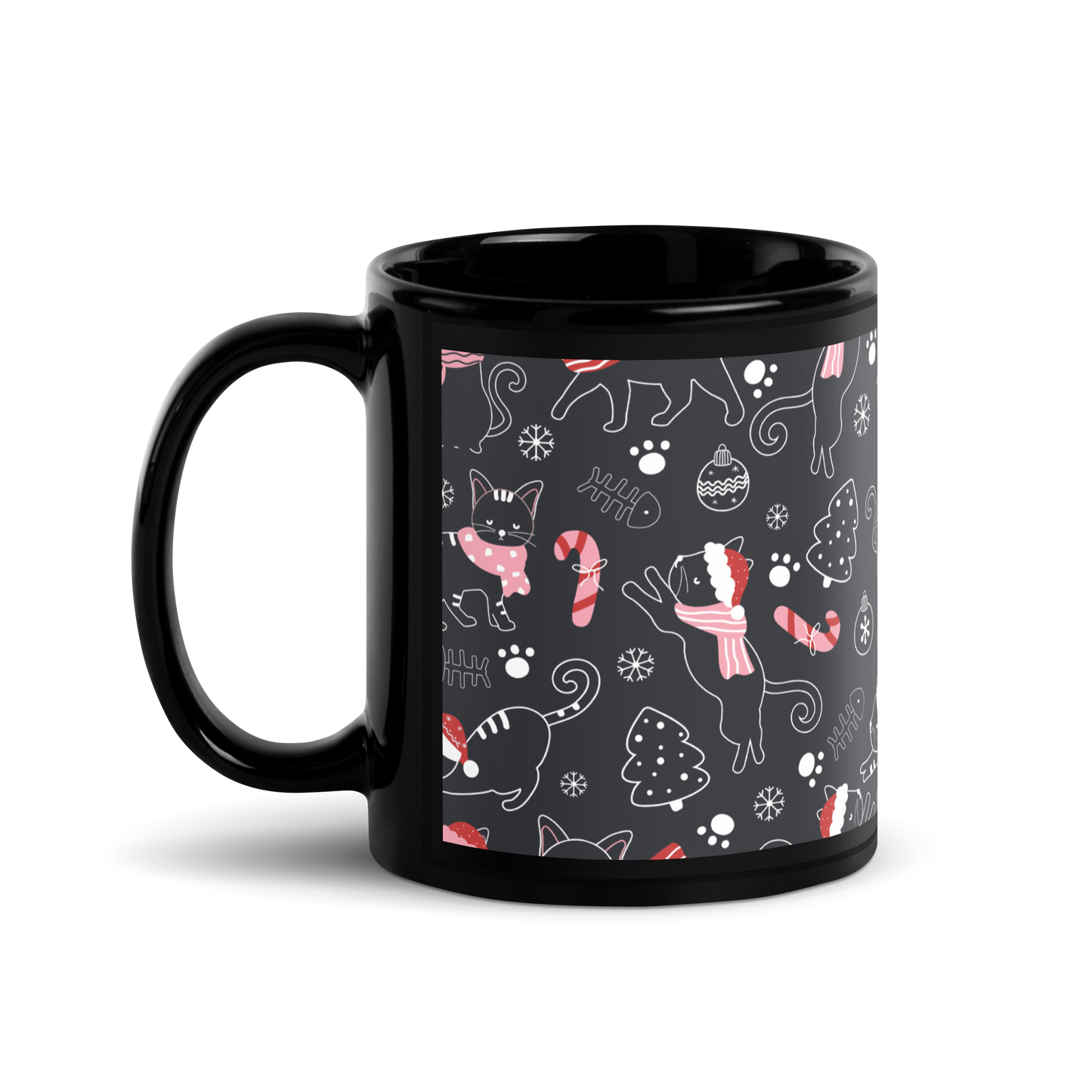 Winter Christmas Cat | Seamless Patterns | Black Glossy Mug - #4