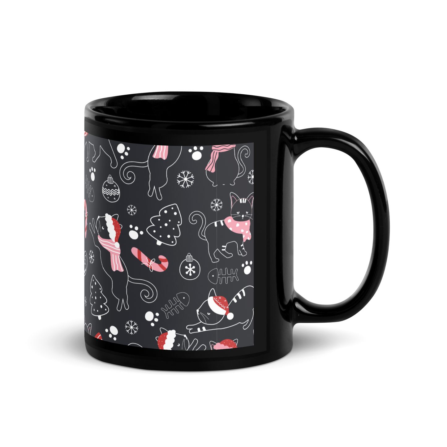 Winter Christmas Cat | Seamless Patterns | Black Glossy Mug - #4