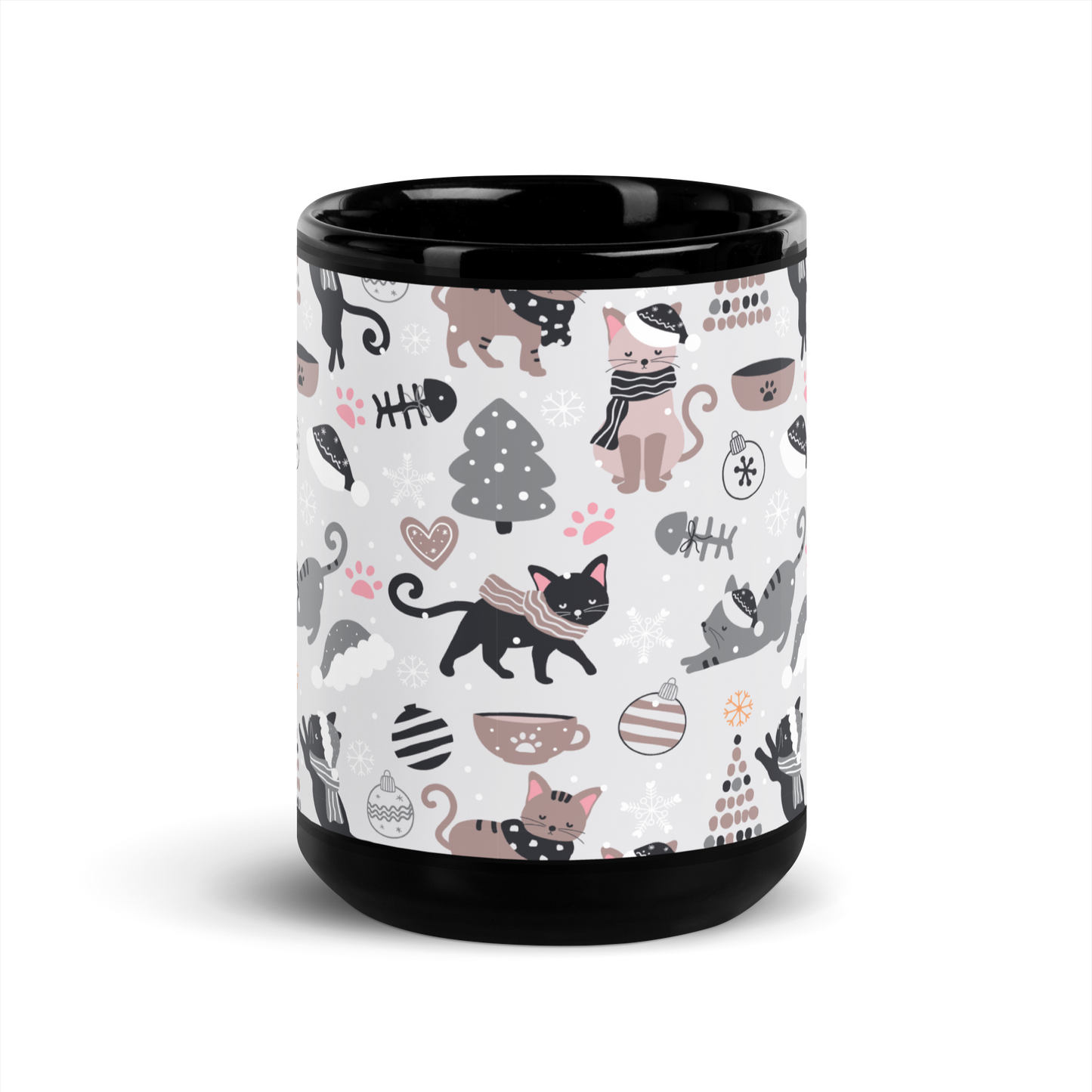 Winter Christmas Cat | Seamless Patterns | Black Glossy Mug - #6