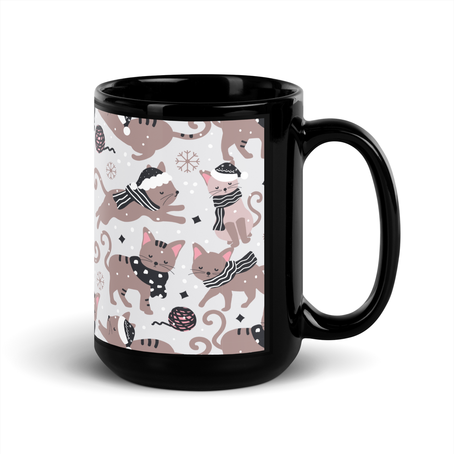 Winter Christmas Cat | Seamless Patterns | Black Glossy Mug - #1