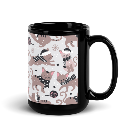 Winter Christmas Cat | Seamless Patterns | Black Glossy Mug - #1